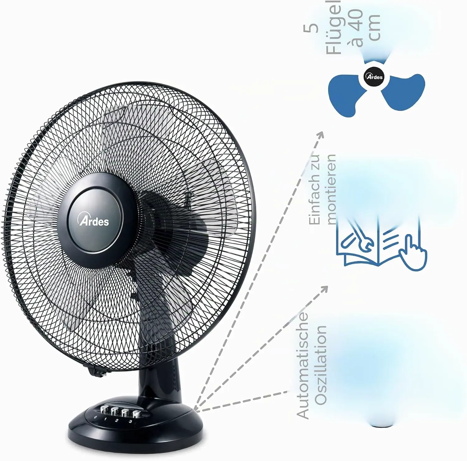 Ardes AR5S41 Ardes STYLE 41 Tischventilator 5 Klinge 40 cm 3 Geschwindigkeitsstufen Automatische Oszillation Details chrom, total Schaufel 40 cm Weiß vue 2
