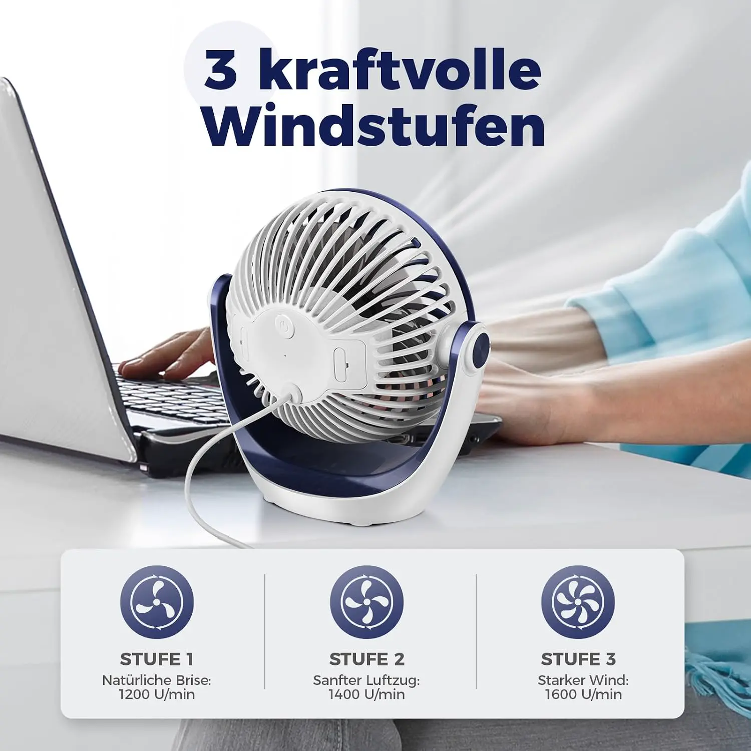 OCOOPA USB Ventilator, Ventilator klein Tischventilator mit starkem Luftstrom und Leise Betrieb 3 Geschwindigkeiten, 360 ° Drehbarer Kopf, Einfach zu Tragen für Büro, Zuhause und im Freien vue 4
