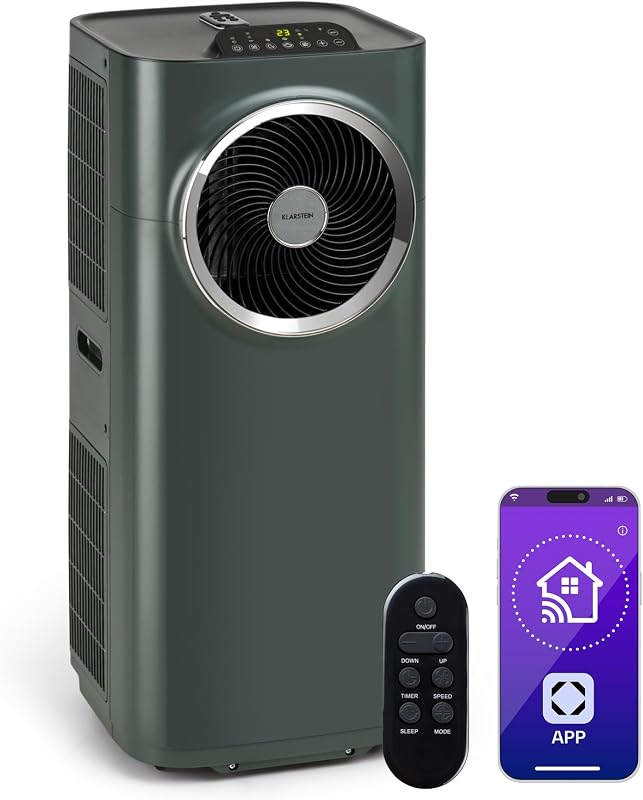 KLARSTEIN Kraftwerk Smart – Mobiles Klimagerät, Luftentfeuchter, Ventilator, Timer programmierbar, Steuerung über WLAN-App, Fernbedienung, 12000BTU/h – Anthrazit