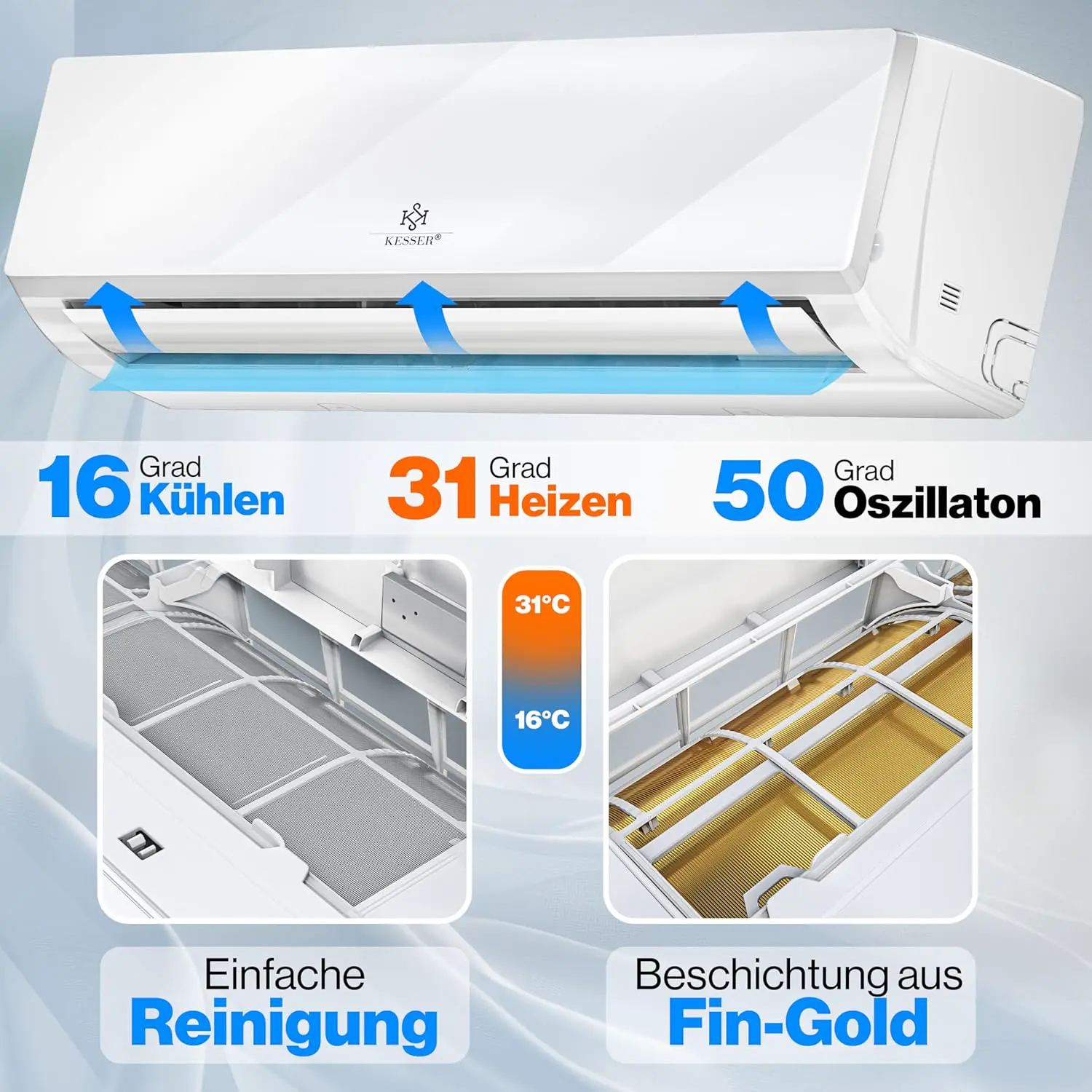 KESSER® Klimaanlage Set Split, WiFi/App Funktion Klimagerät, Kühlen A++/Heizen A+, 9000 BTU/h (2.600W) sehr leise, Kältemittel R32, Fernbedienung, Timerfunktion, Montagematerial, Weiß vue 3