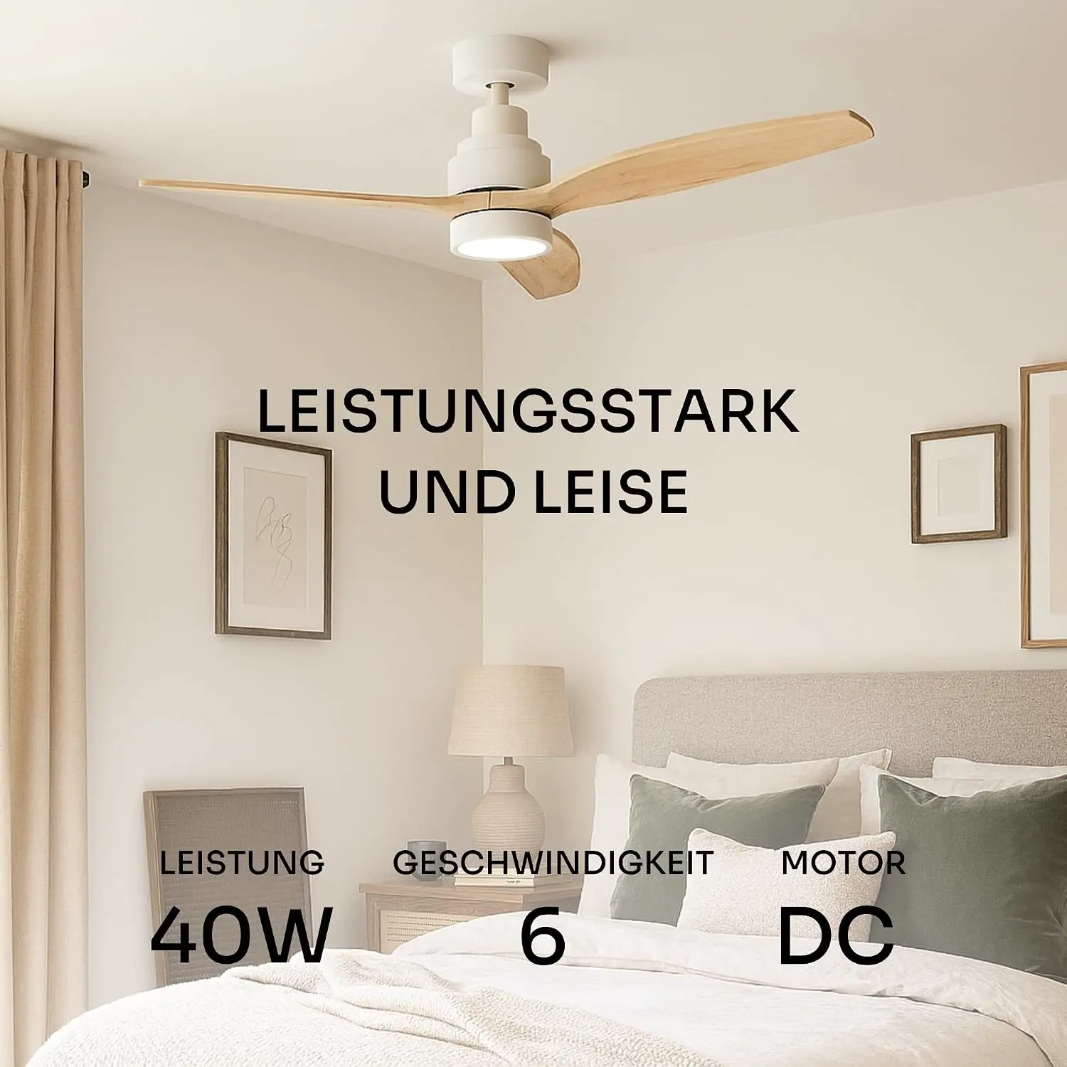 Mellerware - Deckenventilator mit Fernbedienung Brizy Bright | 45 W | 6 Geschwindigkeiten | Ultra leise | 3 Flügel 132 Durchmesser | Sommer-Winter-Funktion | Timer | LED | Lightwood vue 2