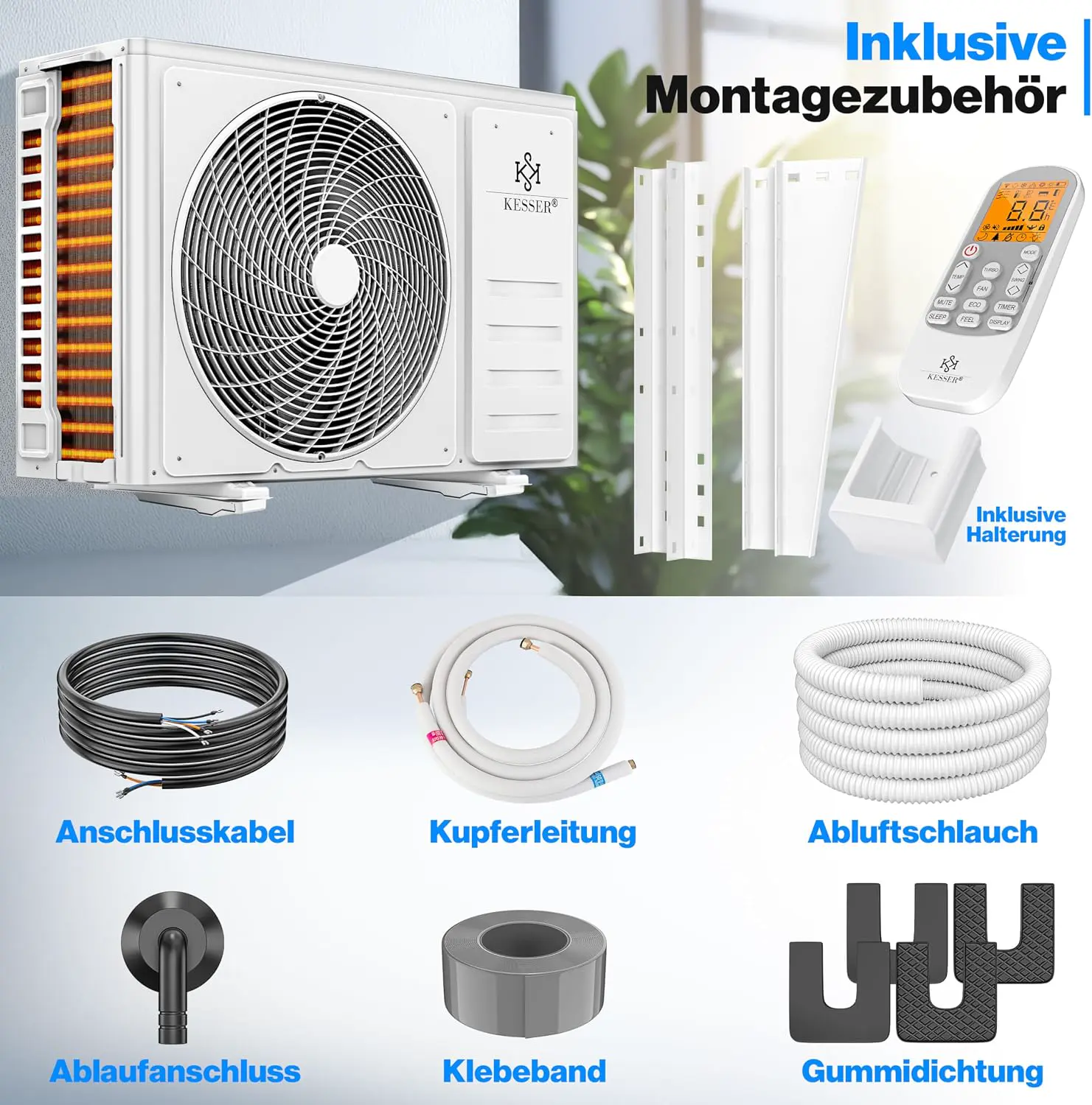KESSER® Klimaanlage Set Split, WiFi/App Funktion Klimagerät, Kühlen A++/Heizen A+, 9000 BTU/h (2.600W) sehr leise, Kältemittel R32, Fernbedienung, Timerfunktion, Montagematerial, Anthrazit vue 5