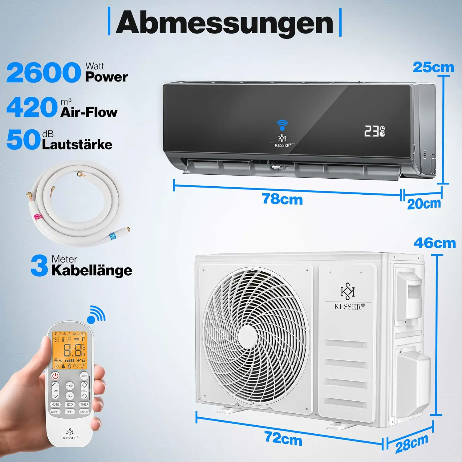 KESSER® Klimaanlage Set Split, WiFi/App Funktion Klimagerät, Kühlen A++/Heizen A+, 9000 BTU/h (2.600W) sehr leise, Kältemittel R32, Fernbedienung, Timerfunktion, Montagematerial, Anthrazit vue 6