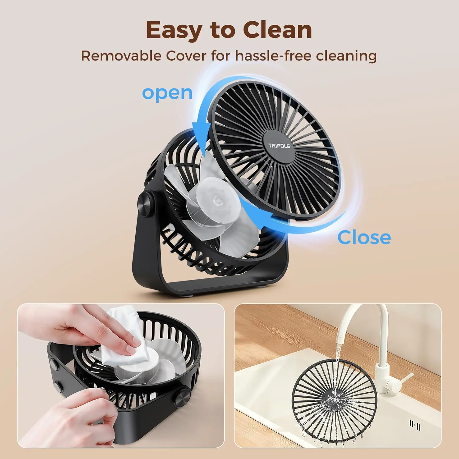 TriPole USB-Schreibtischventilator, 3 Geschwindigkeiten, verstellbar, starker Wind, Tischventilator, 360° Kopf drehbar, 1,5 m Kabel, persönlicher Desktop-Ventilator, 11,4 cm, tragbarer Mini-Ventilator vue 7
