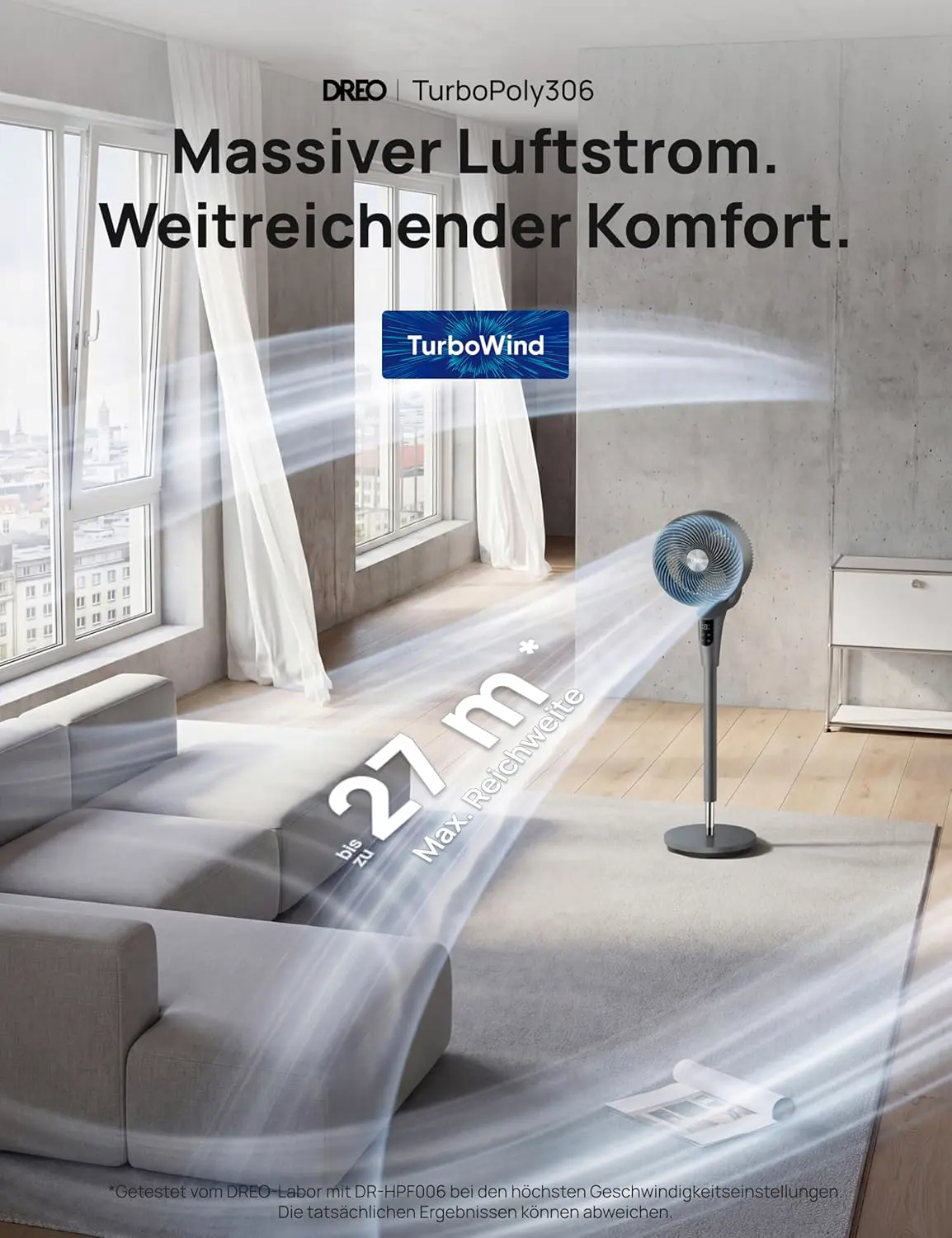 DREO Leiser Standventilator für Schlafzimmer [Verbessert], 27m Luftstrom, Leise, 90° Oszillierend, DC-Motor, 8 Geschwindigkeiten, 3 Modi, 96–106cm Höhenverstellbar, 8H Timer, 105° Manuell Neigbar vue 2