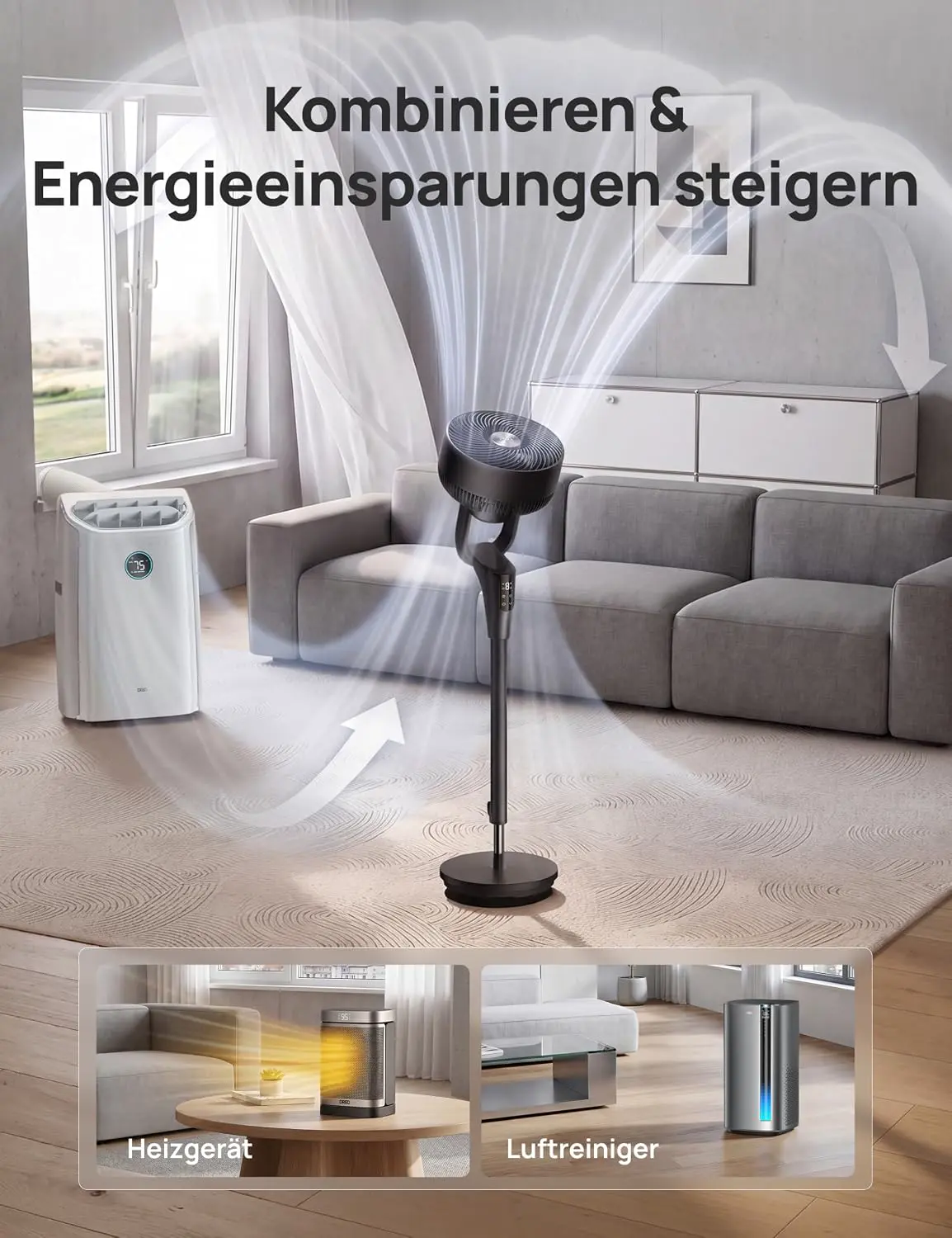 DREO Leiser Standventilator für Schlafzimmer [Verbessert], 27m Luftstrom, Leise, 90° Oszillierend, DC-Motor, 8 Geschwindigkeiten, 3 Modi, 96–106cm Höhenverstellbar, 8H Timer, 105° Manuell Neigbar vue 7