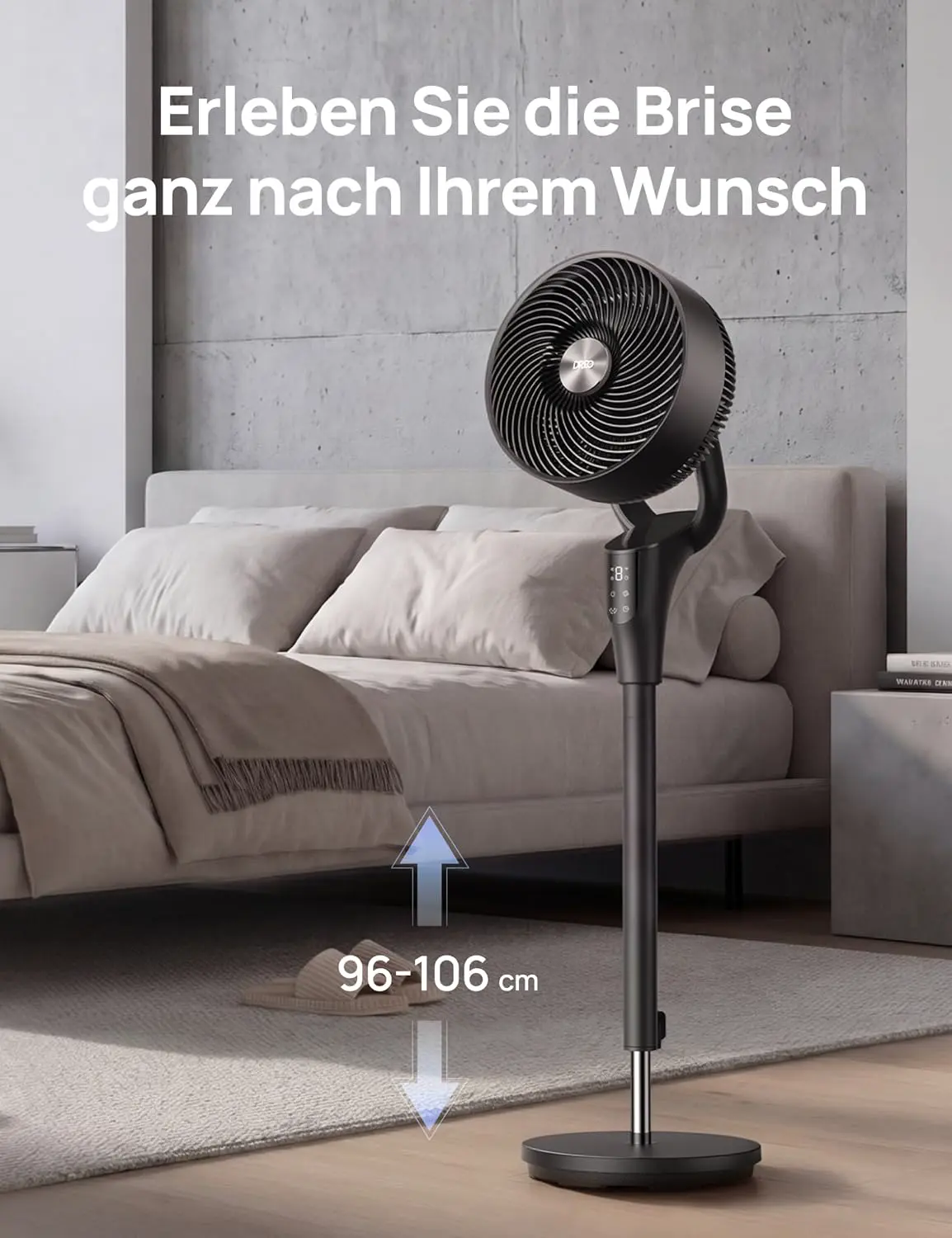 DREO Leiser Standventilator für Schlafzimmer [Verbessert], 27m Luftstrom, Leise, 90° Oszillierend, DC-Motor, 8 Geschwindigkeiten, 3 Modi, 96–106cm Höhenverstellbar, 8H Timer, 105° Manuell Neigbar vue 8