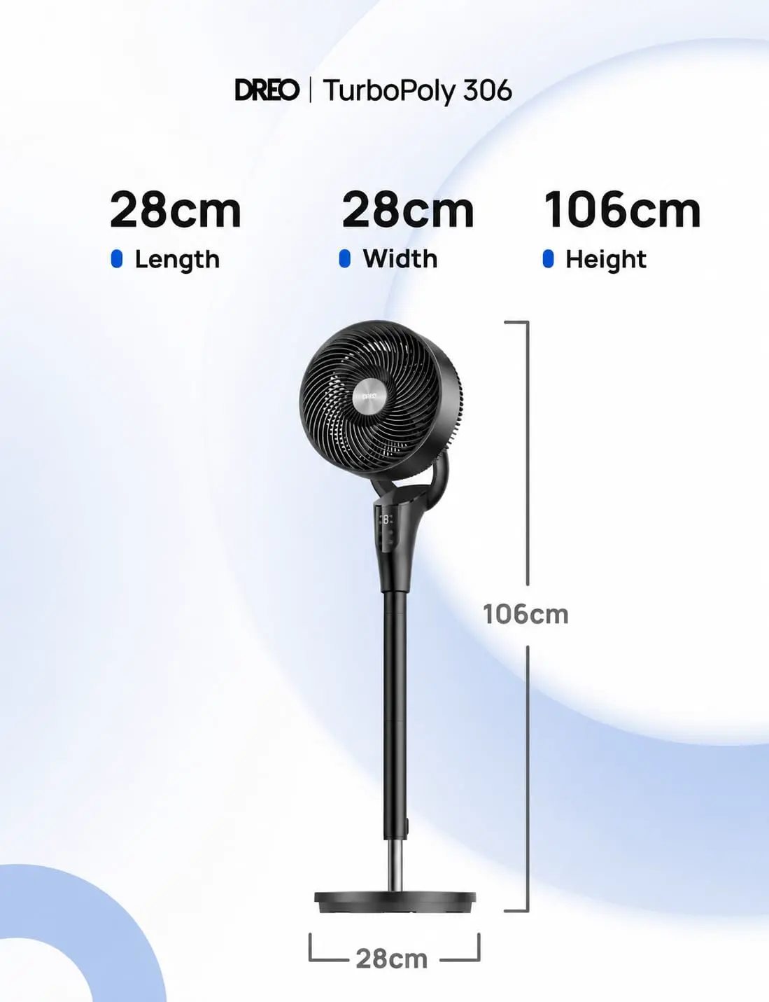 DREO Leiser Standventilator für Schlafzimmer [Verbessert], 27m Luftstrom, Leise, 90° Oszillierend, DC-Motor, 8 Geschwindigkeiten, 3 Modi, 96–106cm Höhenverstellbar, 8H Timer, 105° Manuell Neigbar vue 9