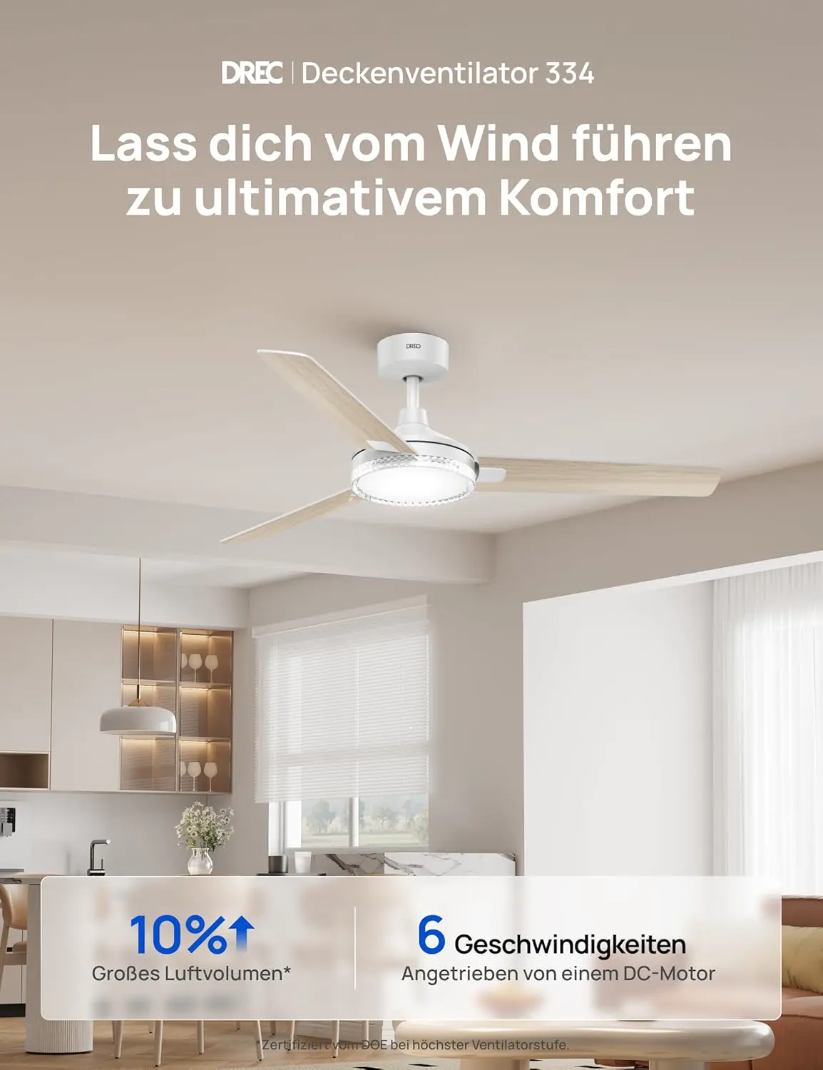 DREO Deckenventilator mit Beleuchtung und Fernbedienung,132 cm Weißer Ventilator decke mit Licht,5 CCT-Farben, 6-stufig dimmbar, 6 Stufen, leiser reversibler DC-Motor, Timer (1/4/8h) vue 2