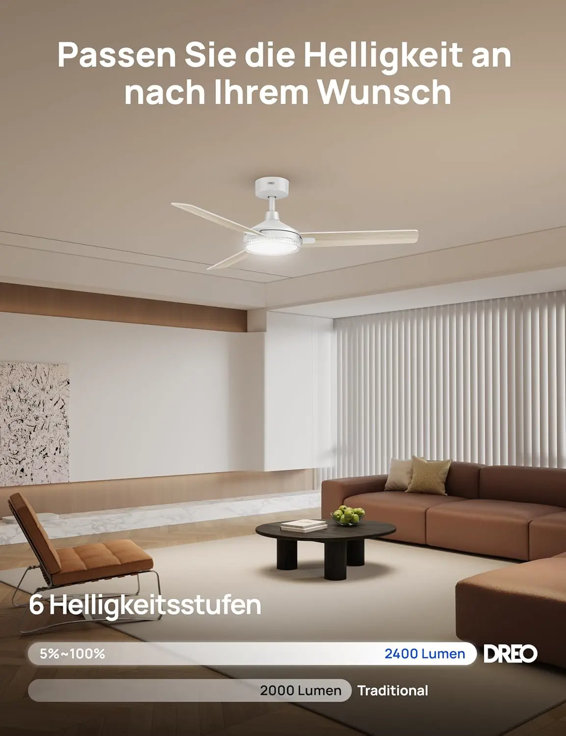 DREO Deckenventilator mit Beleuchtung und Fernbedienung,132 cm Weißer Ventilator decke mit Licht,5 CCT-Farben, 6-stufig dimmbar, 6 Stufen, leiser reversibler DC-Motor, Timer (1/4/8h) vue 3