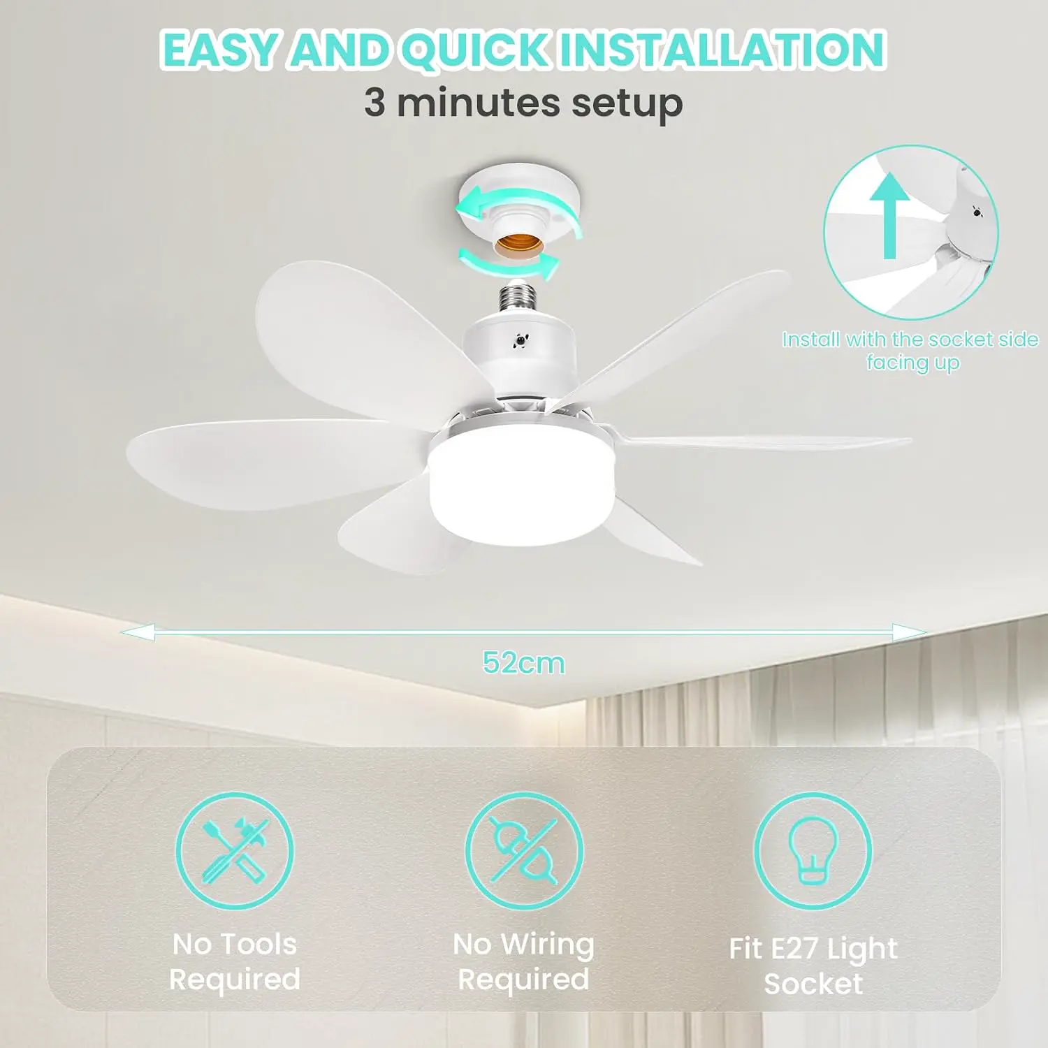 BomKra Deckenventilator mit Beleuchtung und Fernbedienung Leiser - 30W LED Deckenleuchte mit Ventilator, 3 Geschwindigkeiten, 3 Modi Dimmbar, Timer, Lampe mit Ventilator für Schlafzimmer vue 2