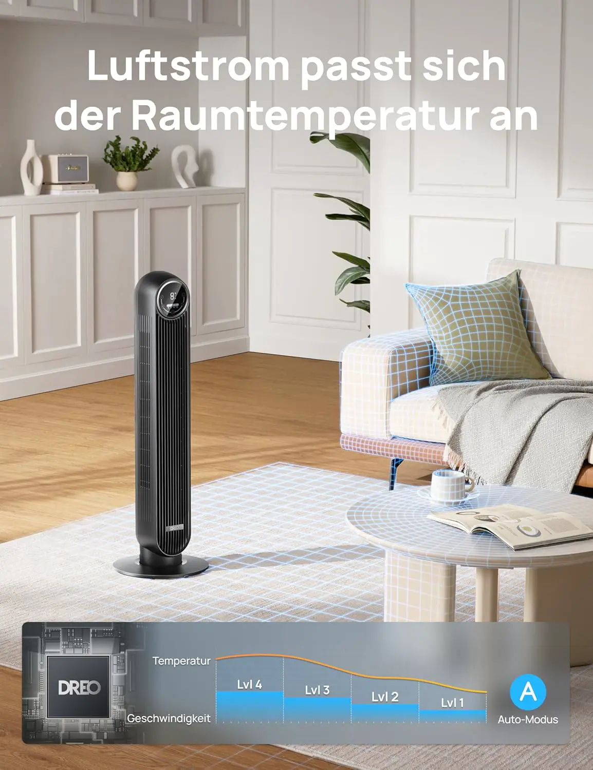 DREO Smart Leiser Turmventilator, APP & Sprachsteuerung, 90° oszillierender Ventilator mit Fernbedienung, 4 Modi, 4 Geschwindigkeiten, 8 Std. Timer, Nomad One S, Schwaz vue 5