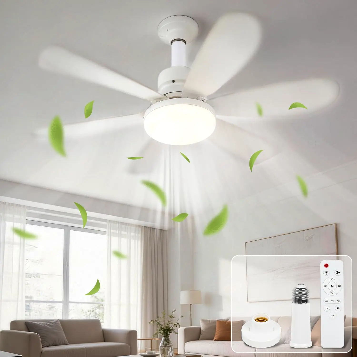 Ulikey Deckenleuchte mit Ventilator, Deckenventilator mit Beleuchtung, Sockel Verlängerungsstange, 3 Modi Dimmbar, 3 Windstufen, Timer Funktion, Deckenventilator für Wohnzimmer Schlafzimmer (52cm)