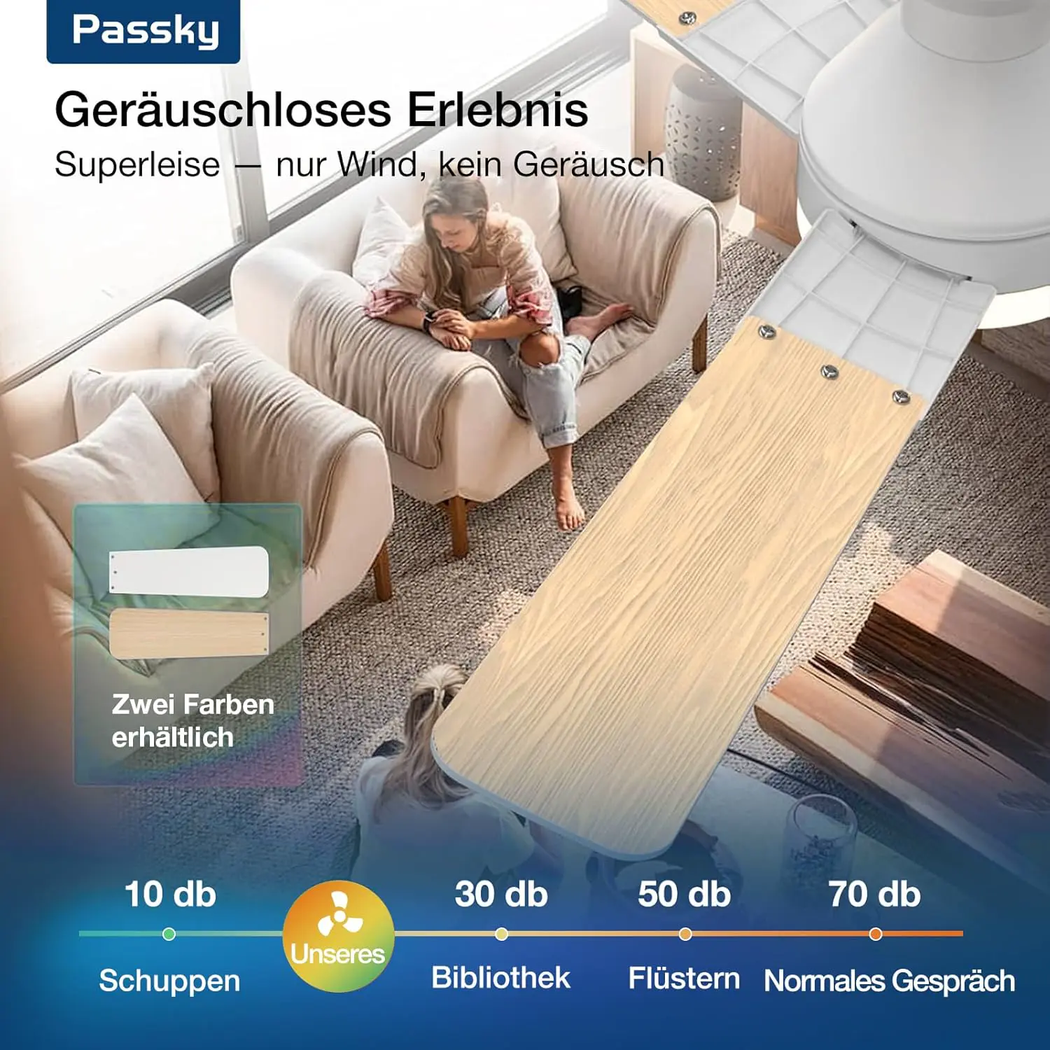 Passky Deckenventilator mit Beleuchtung, 132 cm flaches Design mit Fernbedienung, Deckenbündige Montage, reversibel, 3 Farbtemperaturen, dimmbar, leise für Schlafzimmer, Innen- und Außen Weiß vue 4