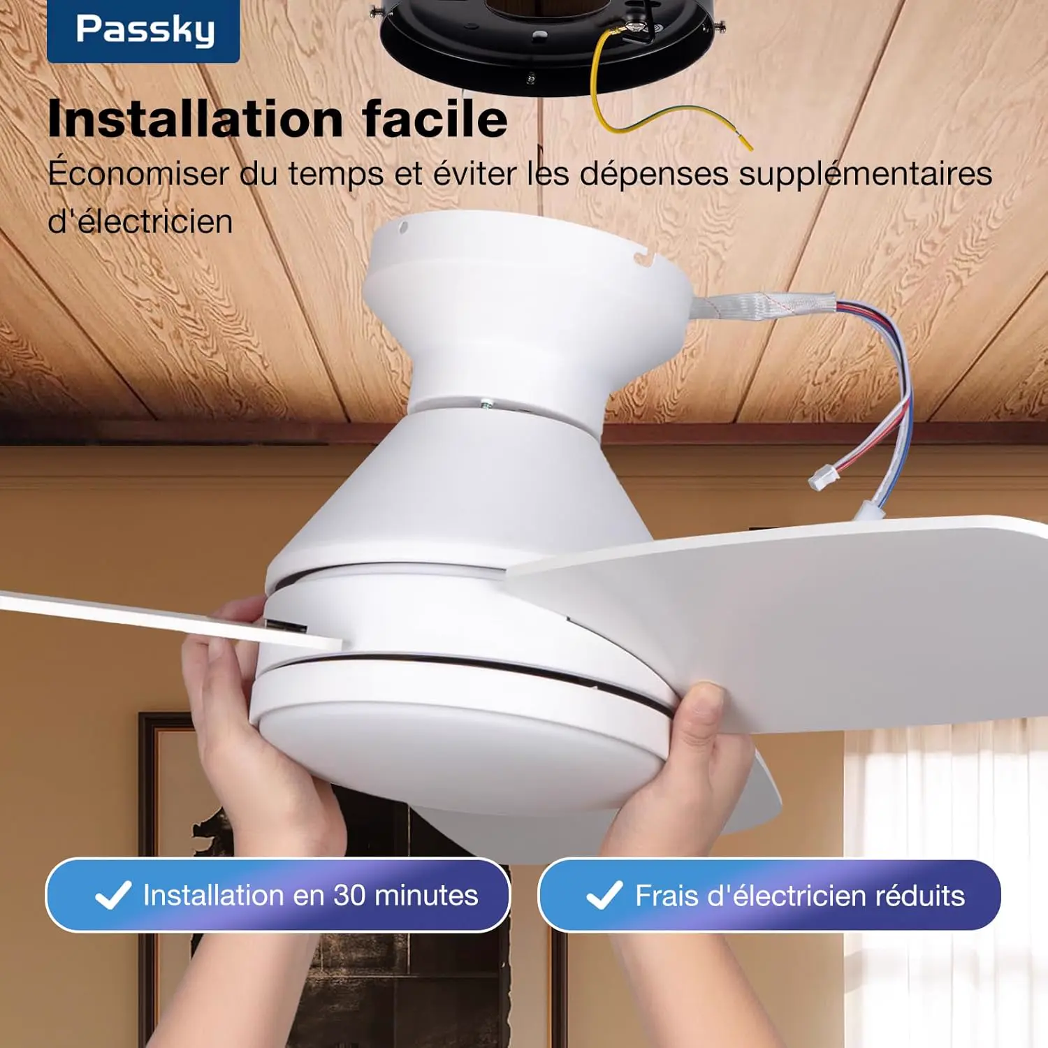 Passky Deckenventilator mit Beleuchtung, 132 cm flaches Design mit Fernbedienung, Deckenbündige Montage, reversibel, 3 Farbtemperaturen, dimmbar, leise für Schlafzimmer, Innen- und Außen Weiß vue 9