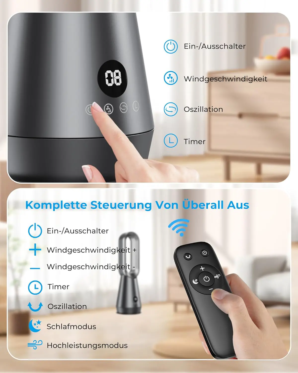 56cm Klein Leise 32dB Rotorloser Ventilator mit Fernbedienung und Digitaldisplay, 8 Geschwindigkeitsstufen, 80° Oszillation, 9H Timer, 30W Energiesparend Bladeless Fans für Schlafzimmer Büro vue 6