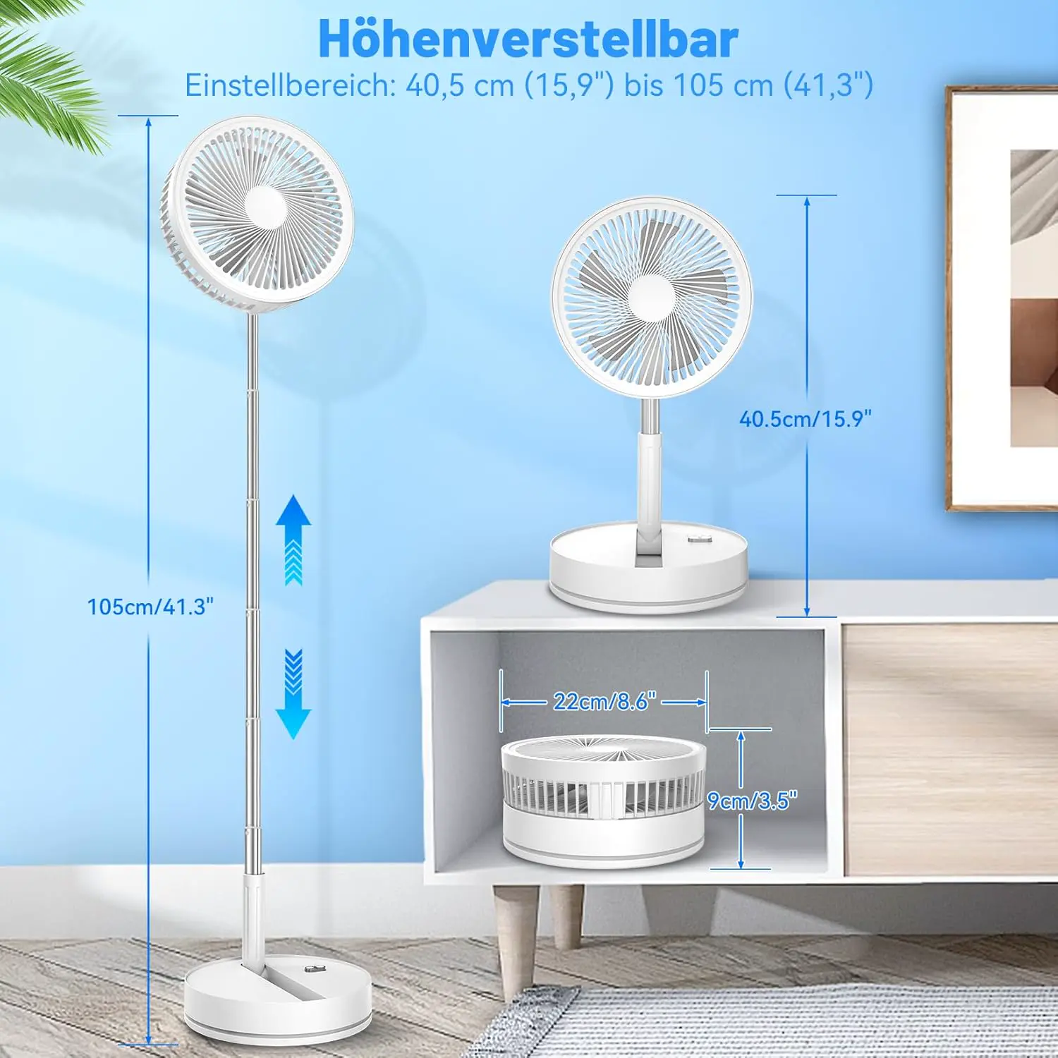 LIPETY Tragbarer Faltbarer Oszillierender Klein Ventilator, 8.6" 8000 mAh Akku Aufladbar USB C Boden/Tisch ventilator mit Fernbedienung, Leise Standventilator für Hause Schlafzimmer Reisen Camp vue 4