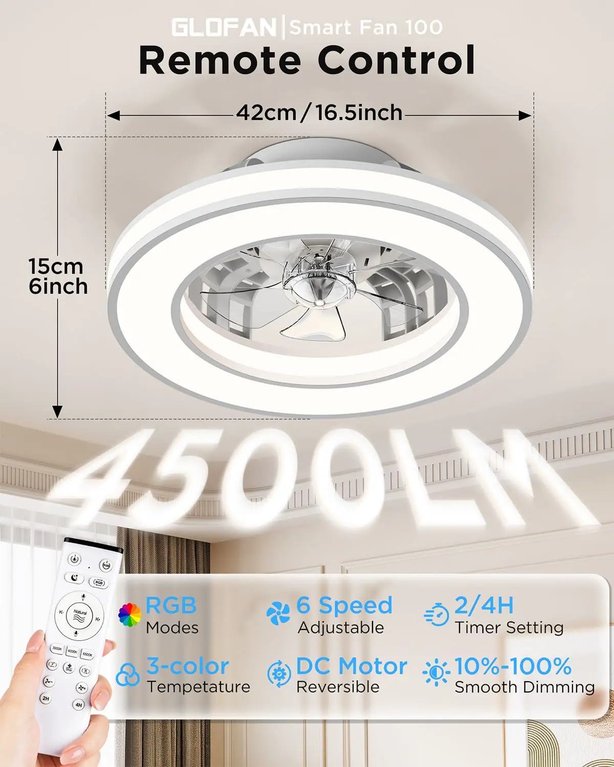 Deckenventilator mit Beleuchtung und Fernbedienung,Ø42cm Leise Deckenleuchte mit Ventilator RGB LED Dimmbar (3000K-6500K), 6 Geschwindigkeiten Lampe mit Ventilator für Wohnzimmer, Schlafzimmer vue 5
