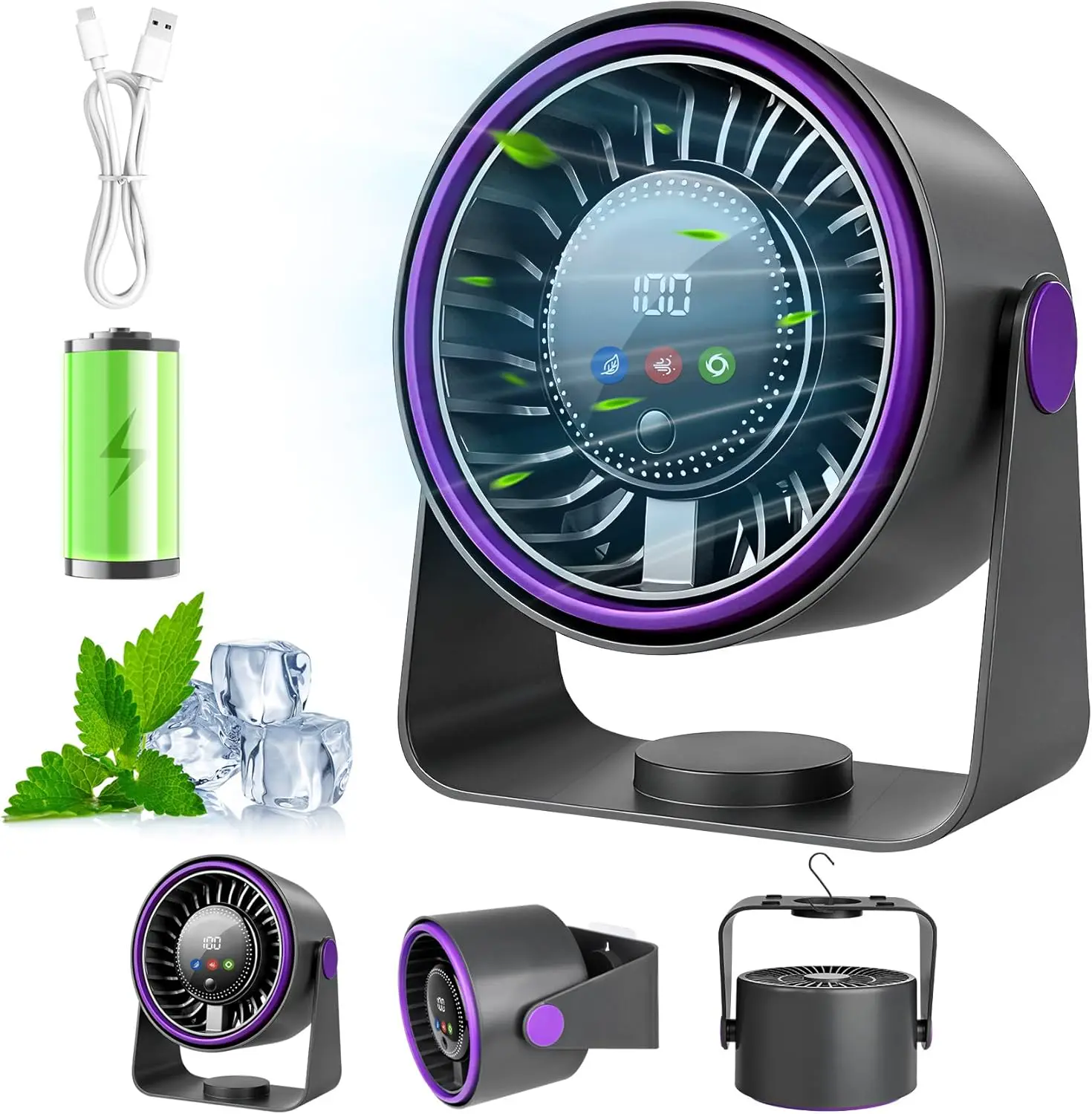 Tischventilator, 3 in 1 USB Ventilator Leise Tischventilatoren Mini Ventilator 5 Geschwindigkeiten Camping Tisch Ventilatoren mit Akku 360° Einstellbar para Cocina,Dormitorio,Camping,Oficina,Outdoor
