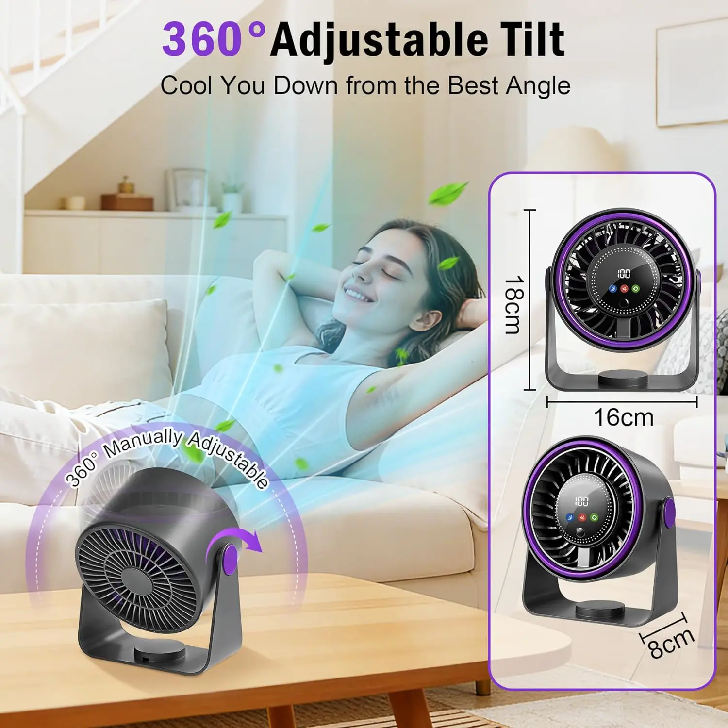 Tischventilator, 3 in 1 USB Ventilator Leise Tischventilatoren Mini Ventilator 5 Geschwindigkeiten Camping Tisch Ventilatoren mit Akku 360° Einstellbar para Cocina,Dormitorio,Camping,Oficina,Outdoor vue 6