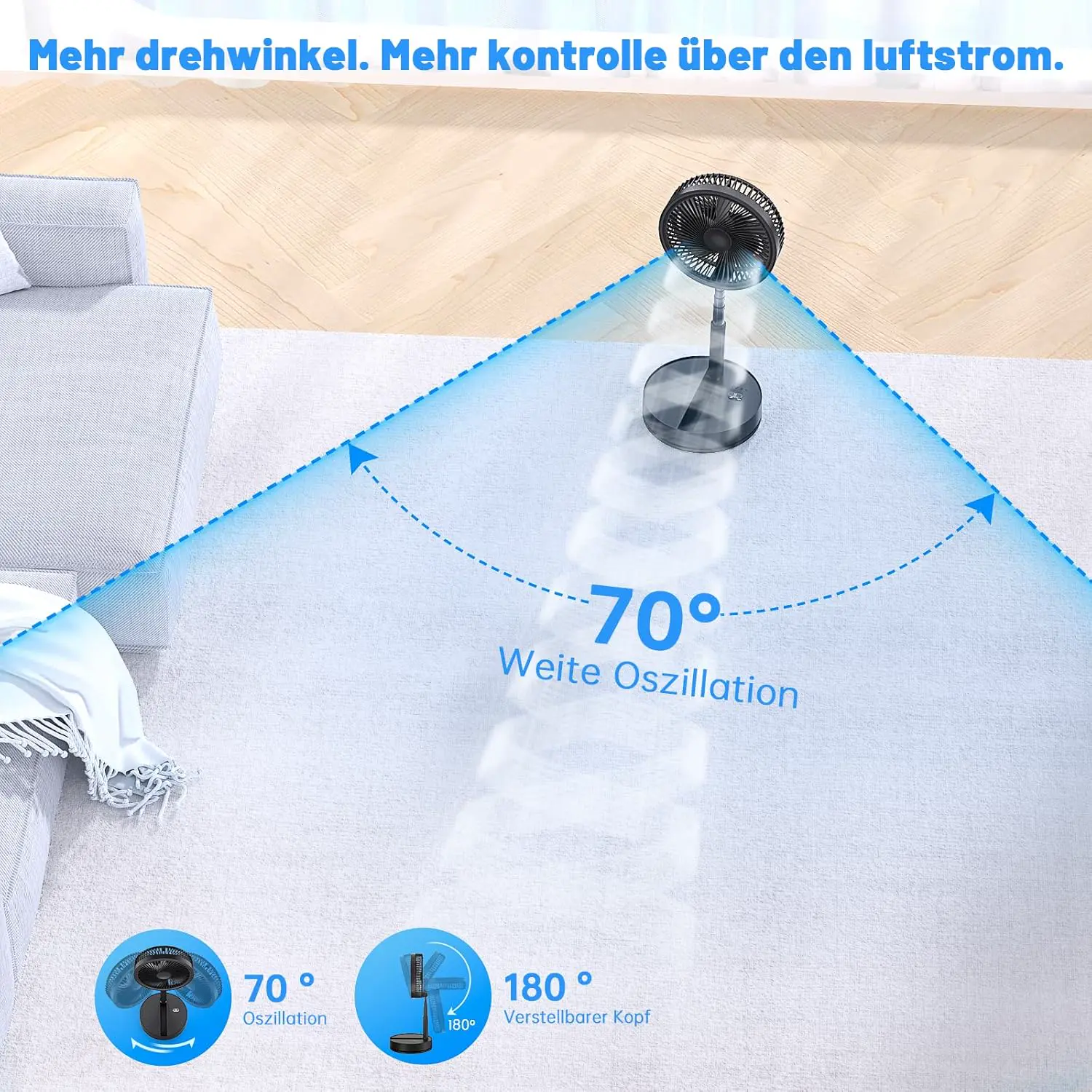 Leise Tragbarer Ventilator mit Fernbedienung - 8,6" Tisch und Stand Faltbarer Fan, 4 Modi/4 Std Timer/Oszillierender - 8000mAh Akku USB-C, Klein Standventilator für Schlafzimmer Büro Camping Reise vue 3