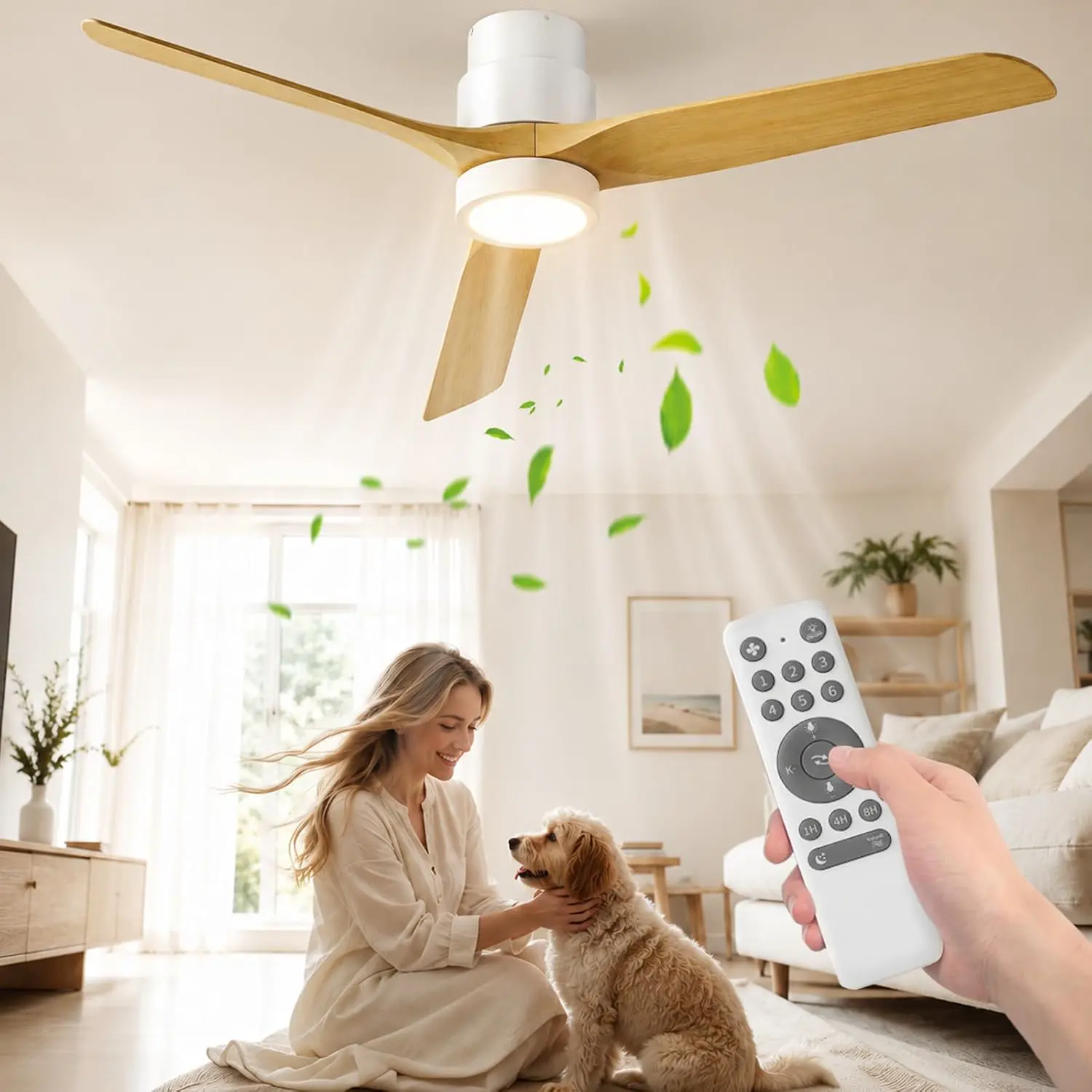 Ateroll 132 CM Deckenventilator mit Beleuchtung und Fernbedienung, Ultraleiser DC-Motor, 3 Blätter, 6 Geschwindigkeiten, 1/4/8H Timer, Dimmbarem LED, Sommer-Winterbetrie für Wohnzimmer Schlafzimmer
