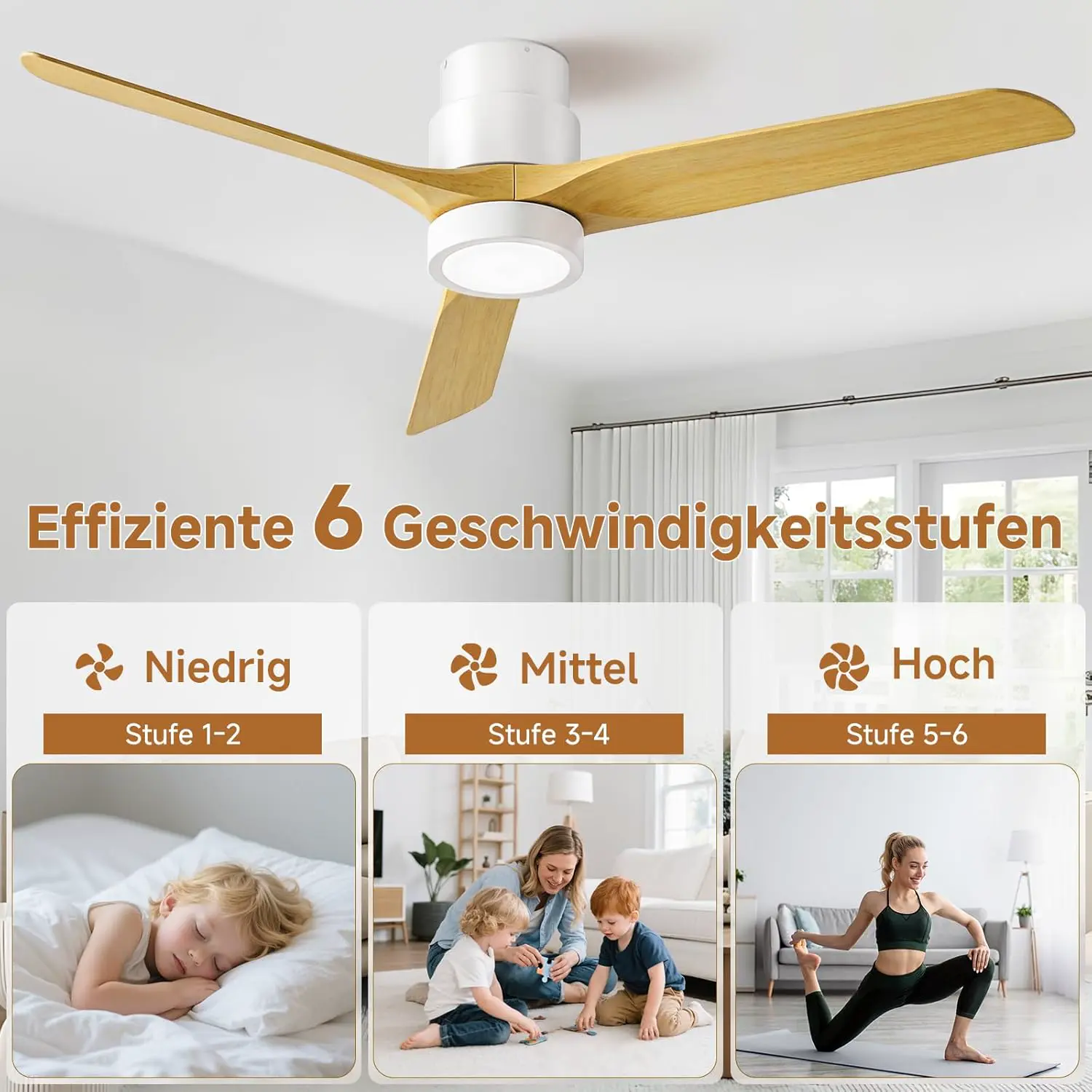 Ateroll 132 CM Deckenventilator mit Beleuchtung und Fernbedienung, Ultraleiser DC-Motor, 3 Blätter, 6 Geschwindigkeiten, 1/4/8H Timer, Dimmbarem LED, Sommer-Winterbetrie für Wohnzimmer Schlafzimmer vue 4