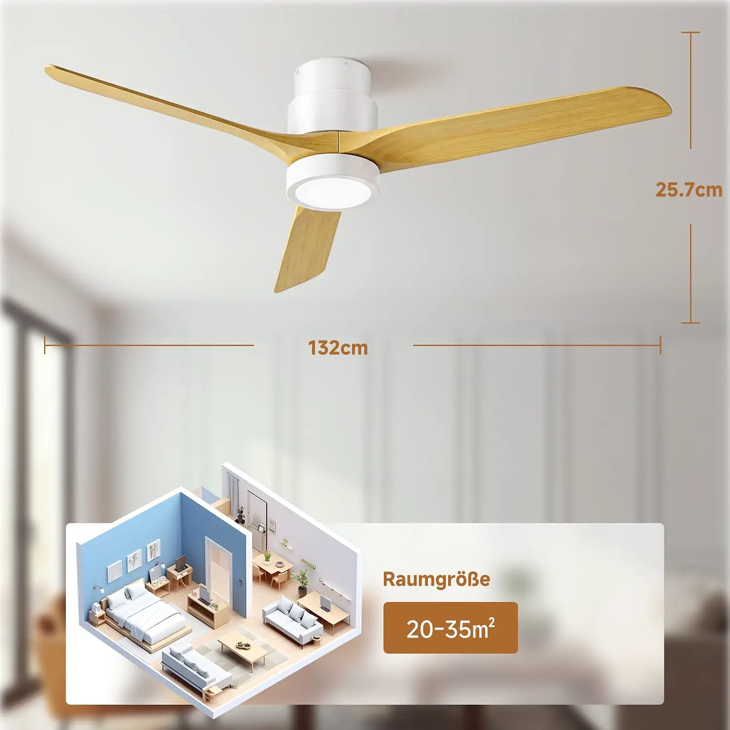 Ateroll 132 CM Deckenventilator mit Beleuchtung und Fernbedienung, Ultraleiser DC-Motor, 3 Blätter, 6 Geschwindigkeiten, 1/4/8H Timer, Dimmbarem LED, Sommer-Winterbetrie für Wohnzimmer Schlafzimmer vue 5