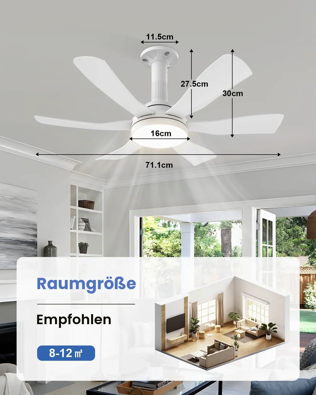 Hisummer 71cm Deckenventilator mit Beleuchtung, E27 Anschluss Nur Passende Fassung, Schnellmontage Deckenventilator mit Licht Leise und Fernbedienung für Klein Schlafzimmer Wohnzimmer Küche vue 3