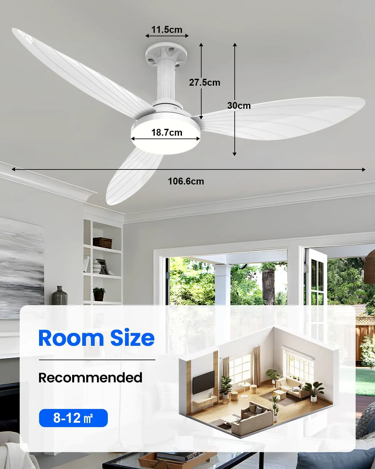 Hisummer 106cm Deckenventilator mit Beleuchtung, E27 Anschluss nur mit mitgelieferter Halterung, Schnellmontage Deckenventilator mit Licht, Leiser Reversibler Motor für Schlafzimmer, Wohnzimmer, Küche vue 8