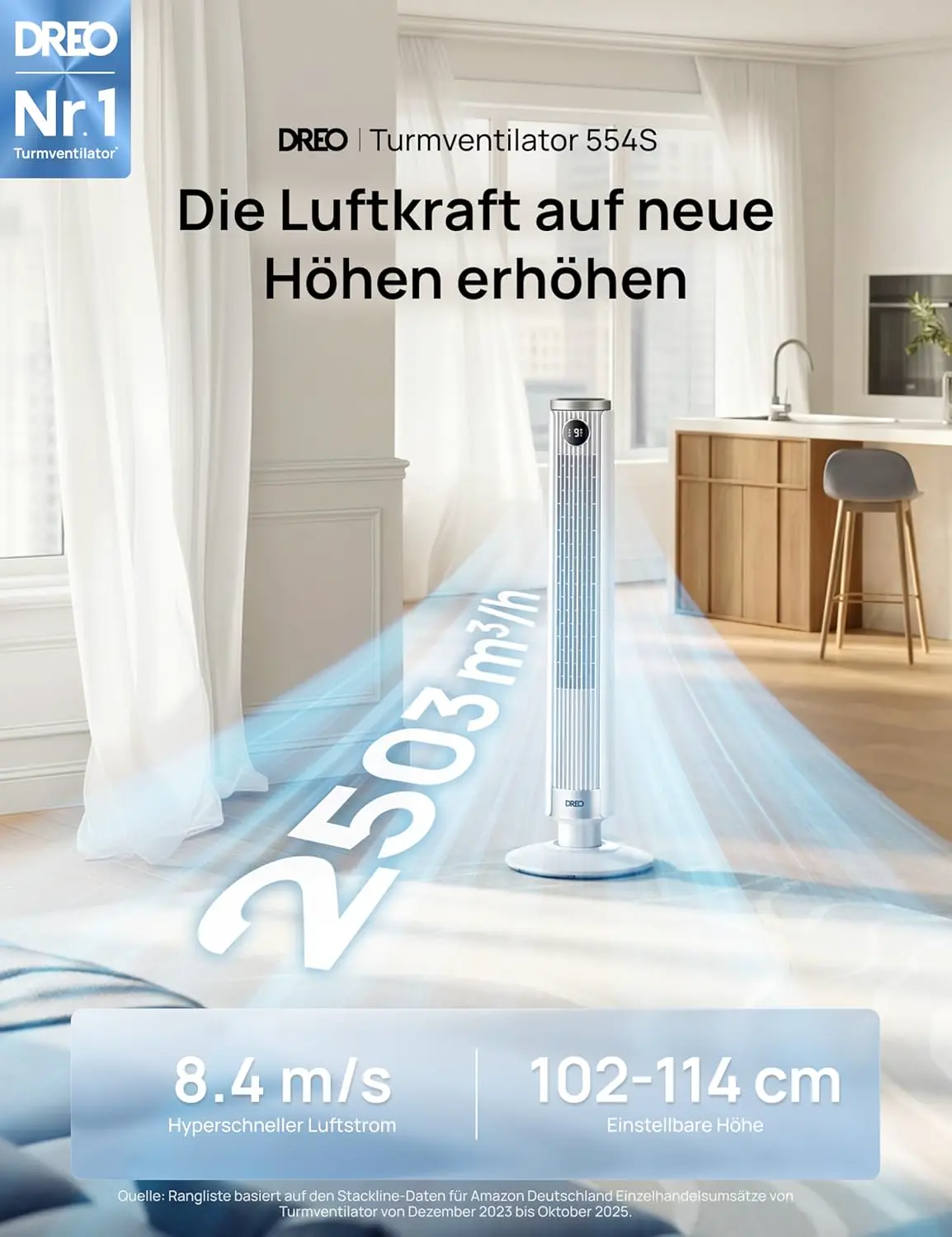 DREO Smart 102–114cm Turmventilator fürs Schlafzimmer, Höhenverstellbar, 8.4m/s, DC-Motor, 9 Stufen, 4 Modi, 90°-Oszillation, Standventilator, 20dB Leise, 12H Timer für Zuhause und Büro, Google/Alexa vue 2