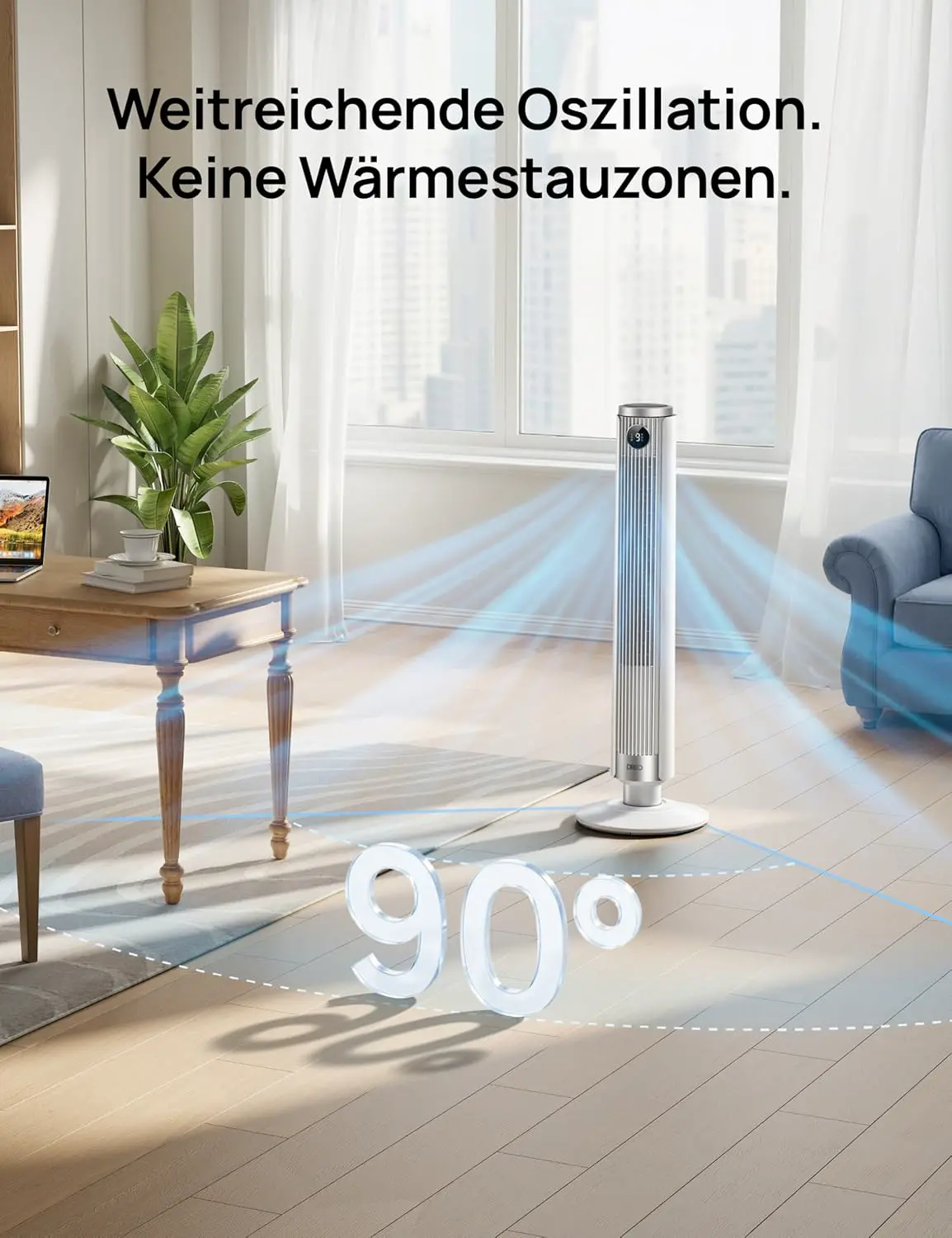 DREO Smart 102–114cm Turmventilator fürs Schlafzimmer, Höhenverstellbar, 8.4m/s, DC-Motor, 9 Stufen, 4 Modi, 90°-Oszillation, Standventilator, 20dB Leise, 12H Timer für Zuhause und Büro, Google/Alexa vue 7