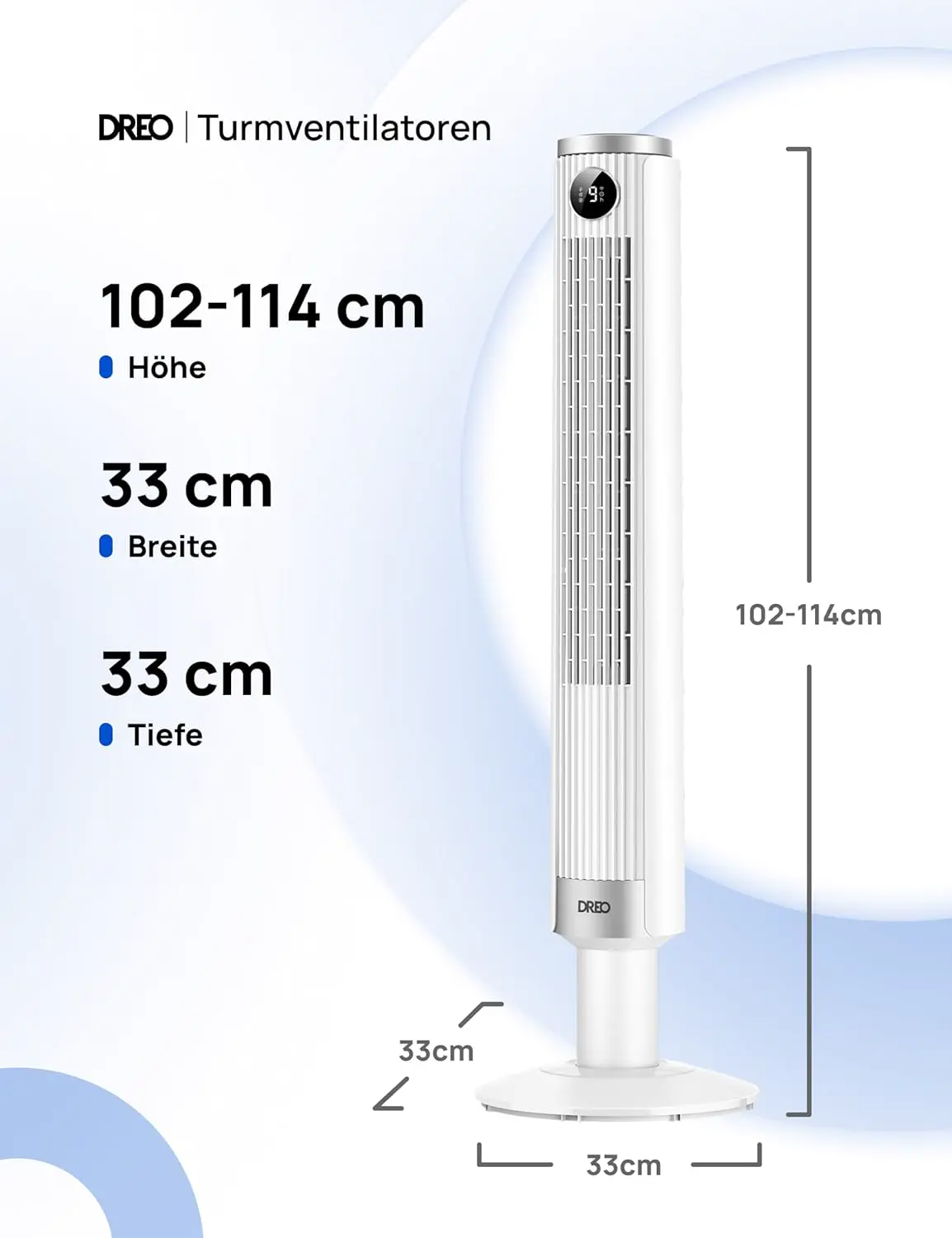 DREO Smart 102–114cm Turmventilator fürs Schlafzimmer, Höhenverstellbar, 8.4m/s, DC-Motor, 9 Stufen, 4 Modi, 90°-Oszillation, Standventilator, 20dB Leise, 12H Timer für Zuhause und Büro, Google/Alexa vue 8