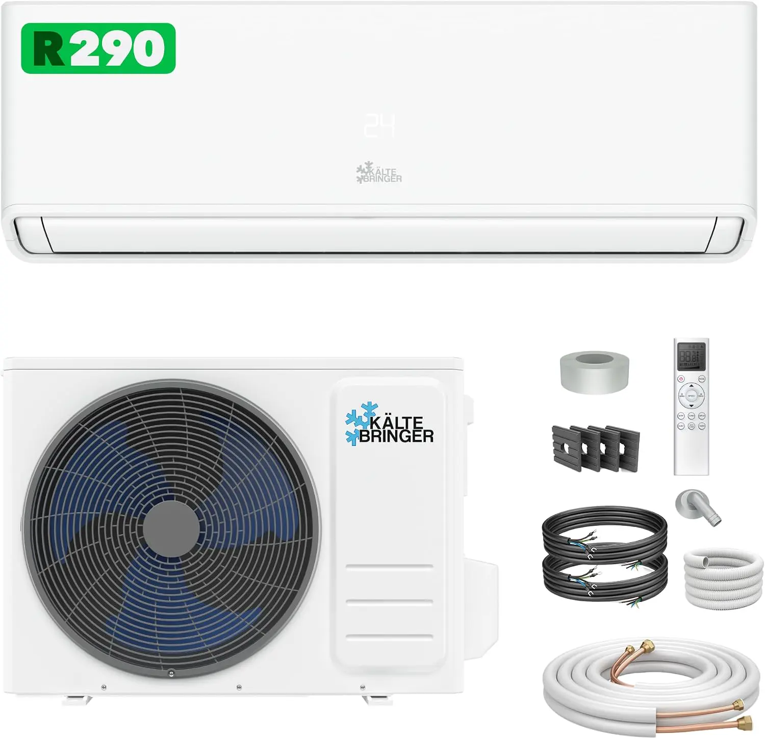 Kältebringer® Split Klimaanlage 12000 BTU 3,7 kW R290 Kältemittel | Ohne F-Gas - A+++ Klimagerät bis 60 m² - Heizfunktion, WiFi und App, sehr leise, mit 5 m Kupferleitung und Montagematerial
