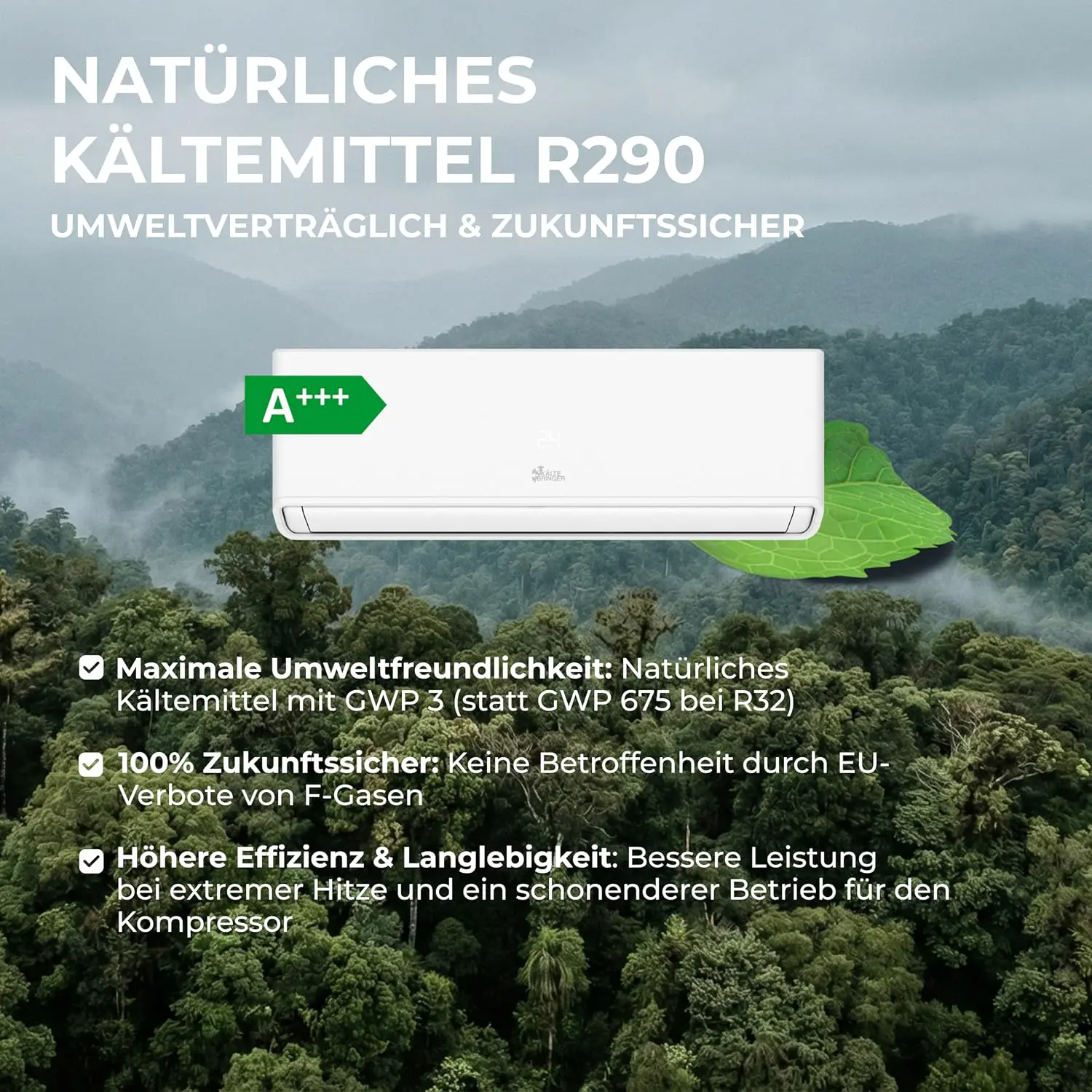 Kältebringer® Split Klimaanlage 9000 BTU 2,8 kW R290 Kältemittel | Ohne F-Gas - A+++ Klimagerät bis 45 m² - Heizfunktion, WiFi und App, sehr leise, mit 5 m Kupferleitung und Bodenkonsole vue 2