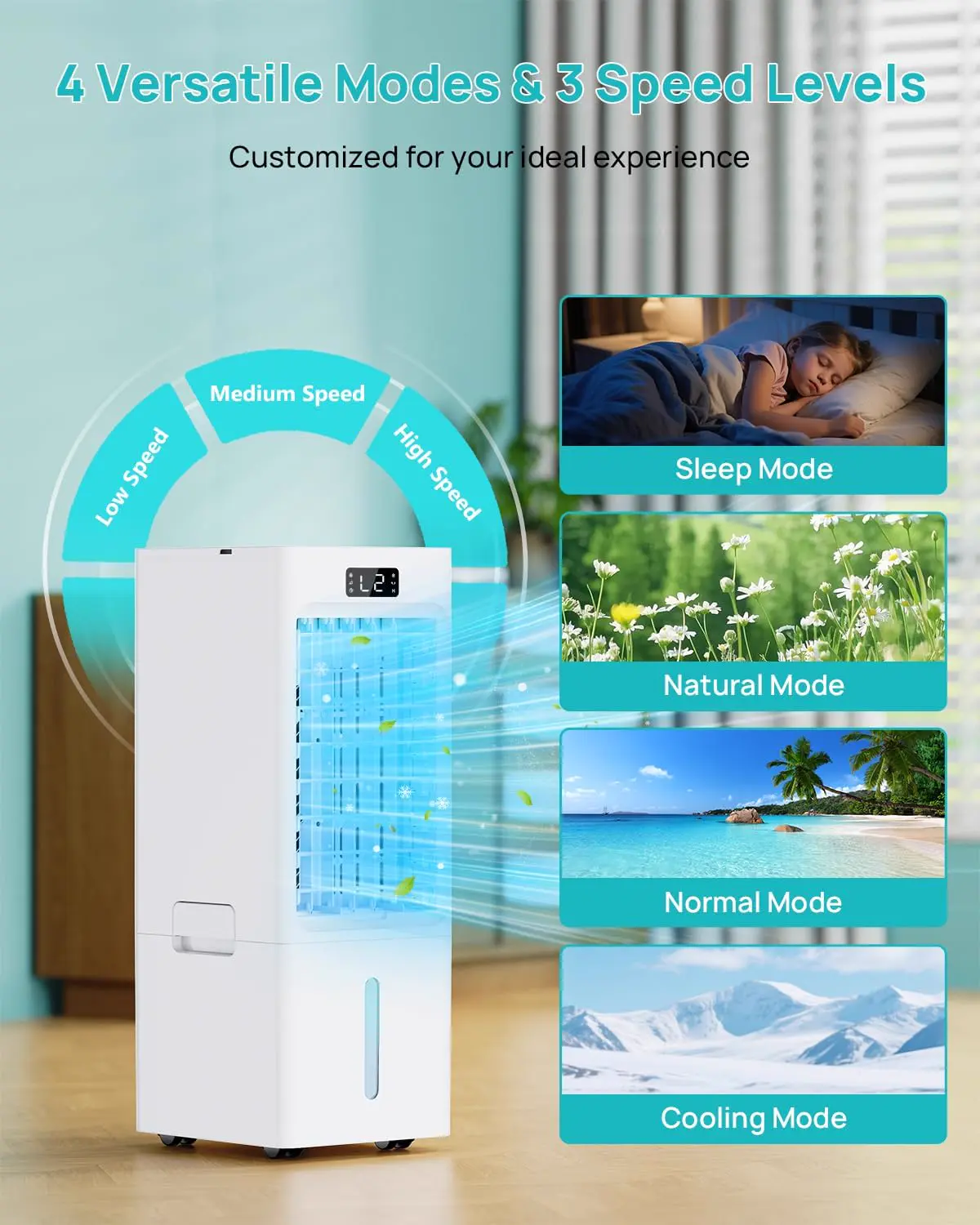 OKYUK Mobiles Klimagerät, 200W Energiesparend, R290 Umweltfreundliches Kältemittel, 3‑in‑1 Klimaanlage, Luftentfeuchter, Ventilator Ventilieren Leise <45 DB, Mit Auspuffrohr (Weiß) vue 2