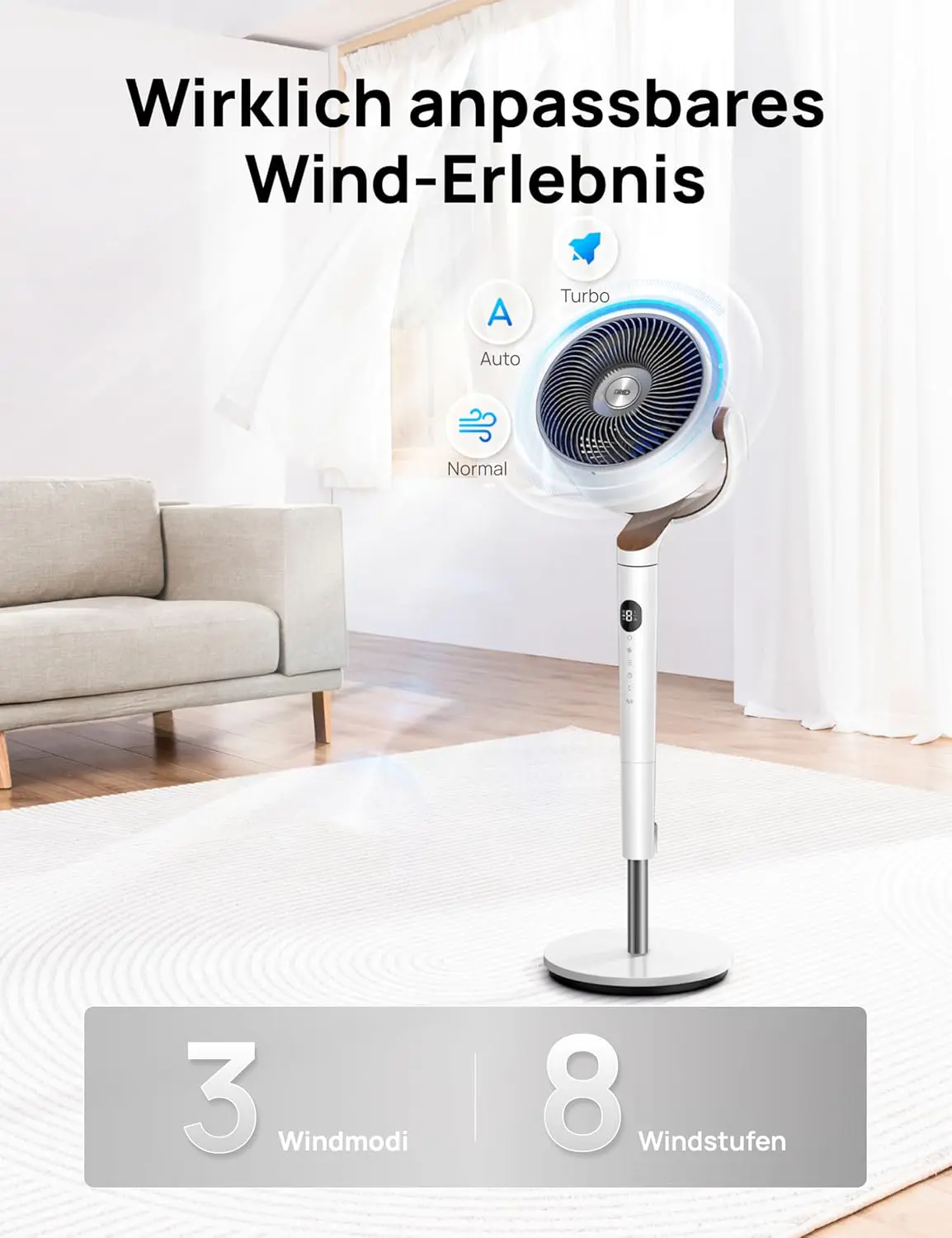 DREO 23dB leiser Standventilator, 120°+120° Omni-direktionale oszillierende Ventilator, 27M Windentfernung, 1615 m³/h LuftVolumenn Echt Turbo-Luftzirkulator Fans, 89-102cm Höhe 3 Modi 8-Geschwindigkeit vue 6