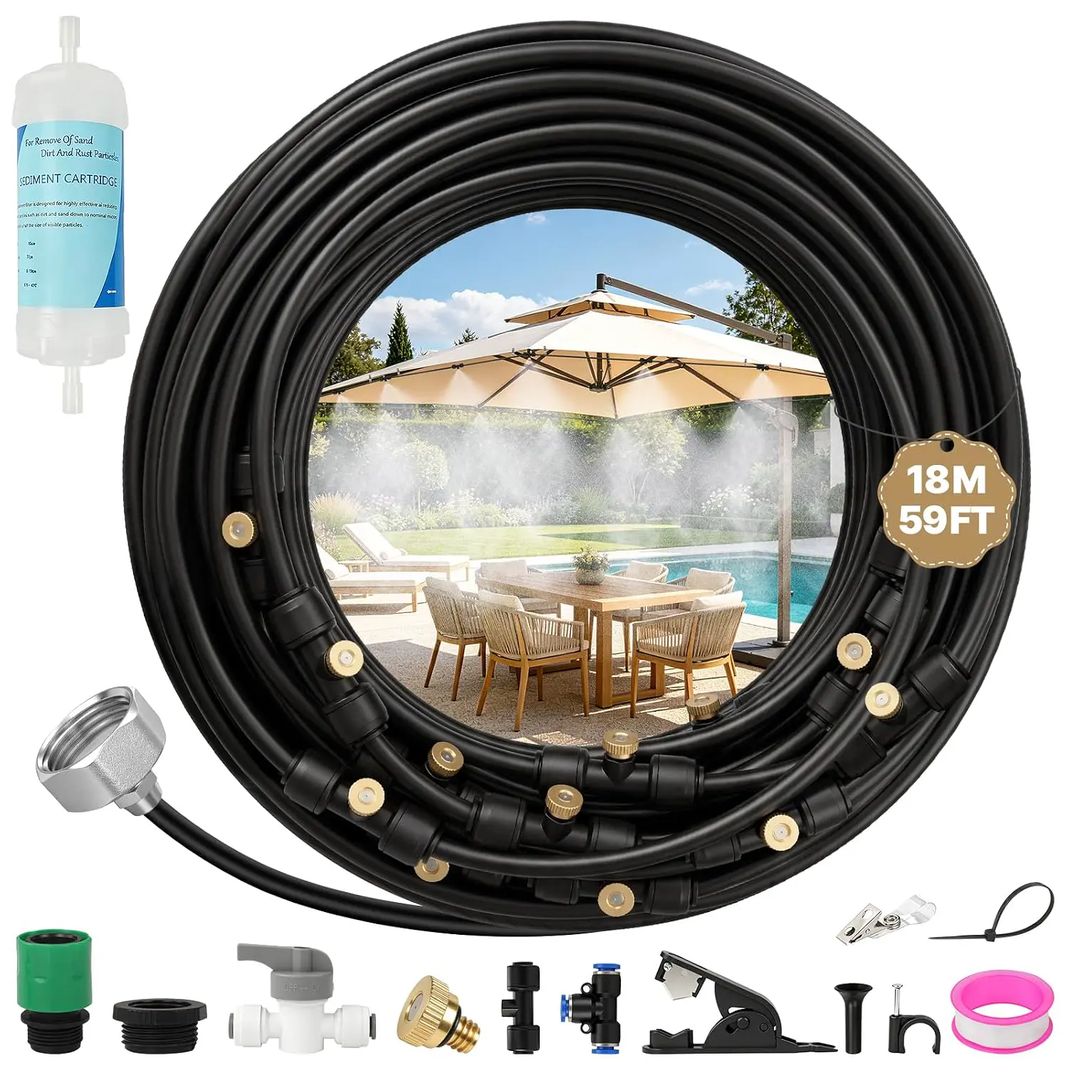 Sprühnebel Terrasse,Wassernebel Kühlung,Vernebler Wassernebel mit 18M Sprühnebel Schlauch,25 Nebeldüsen,Wasserhahn,Sprühnebelanlage Wasserzerstäuber für Kühlung Terrasse Garten Gewächshaus Pavillon