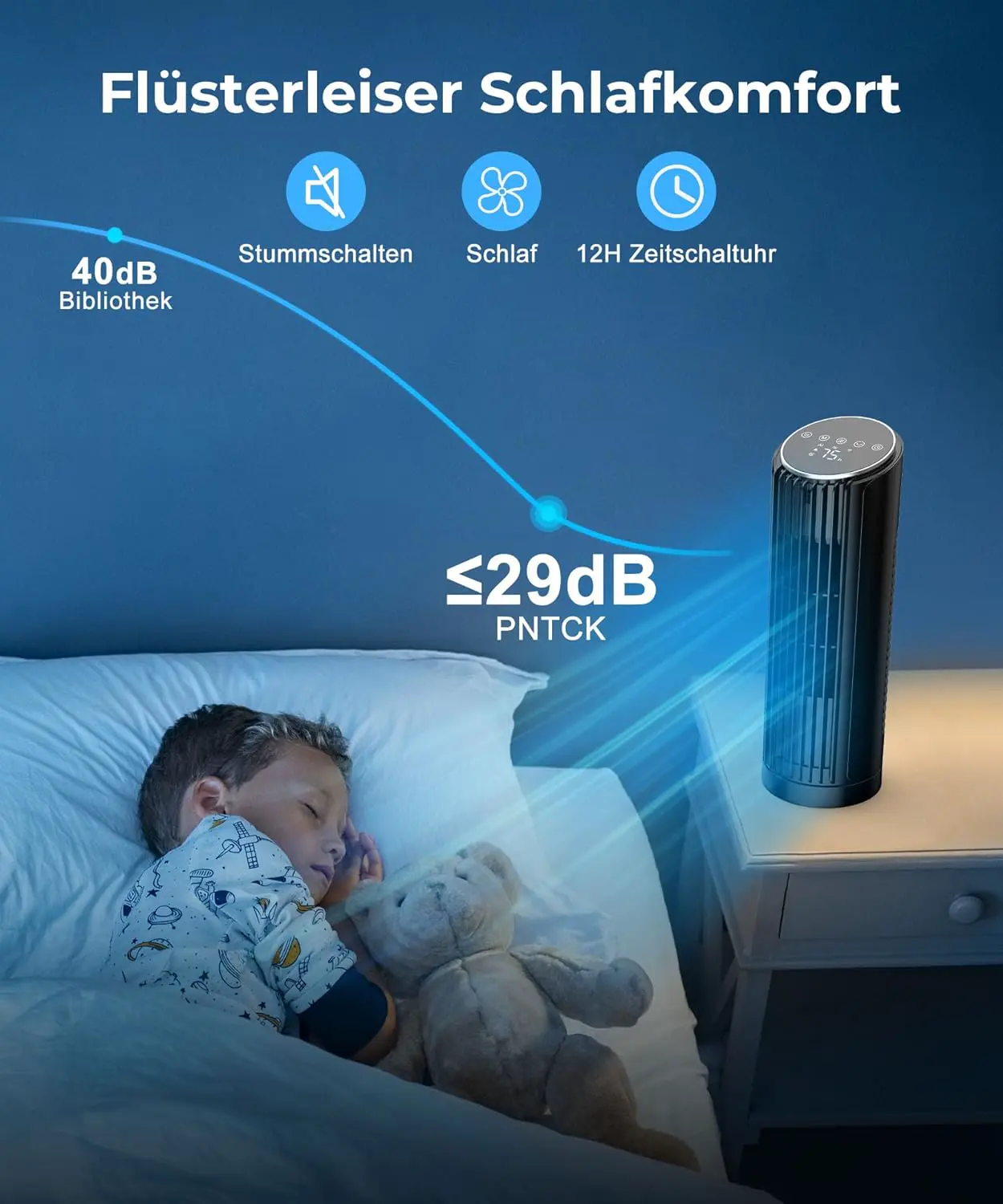 PNTCK Turmventilator mit Fernbedienung, 33cm ventilator leise mit 4 Modi,4 Geschwindigkeiten, 70°Oszillierender, tischventilator, 12-Std-Timer, LED-Anzeige, Automatikbetrieb, 24dB Leiser vue 5