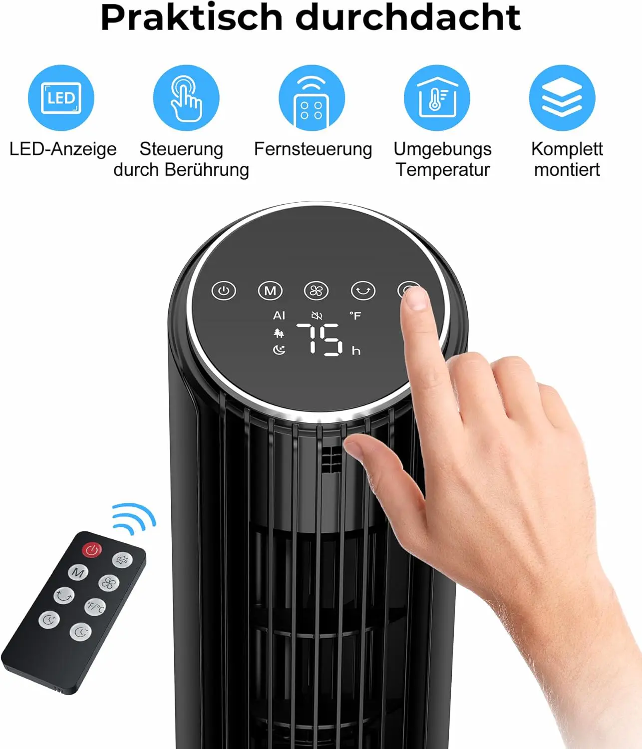 PNTCK Turmventilator mit Fernbedienung, 33cm ventilator leise mit 4 Modi,4 Geschwindigkeiten, 70°Oszillierender, tischventilator, 12-Std-Timer, LED-Anzeige, Automatikbetrieb, 24dB Leiser vue 7