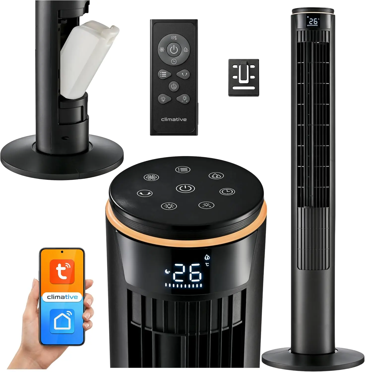 Turmventilator 107cm WiFi App, Luftkühler, Ventilator mit Sprühnebel, DC-Motor, 7,5 m/s Wind,Ionisator, Nachtlicht, Oszillation, Standventilator sehr leise, Tower Fan