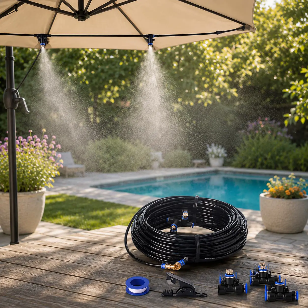 20 m Outdoor-Spray – Mikro-Tröpfchen Kühlsystem für Terrasse, Pergola, Patio, Gewächshaus und Garten