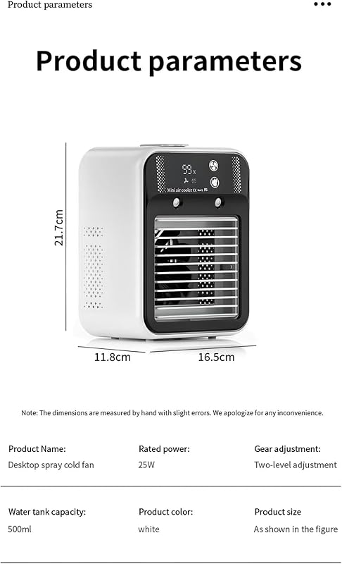 Mobile Klimaanlage, Tragbare Luftkühlgerät, leise Mobile Klimaanlage mit 500ml Wasserbehälter, 2 Lüftungsstufen & 2 Sprühmodi, Mini Klimatisierung für Schlafzimmer und Outdoor Camping(Weiß) vue 8