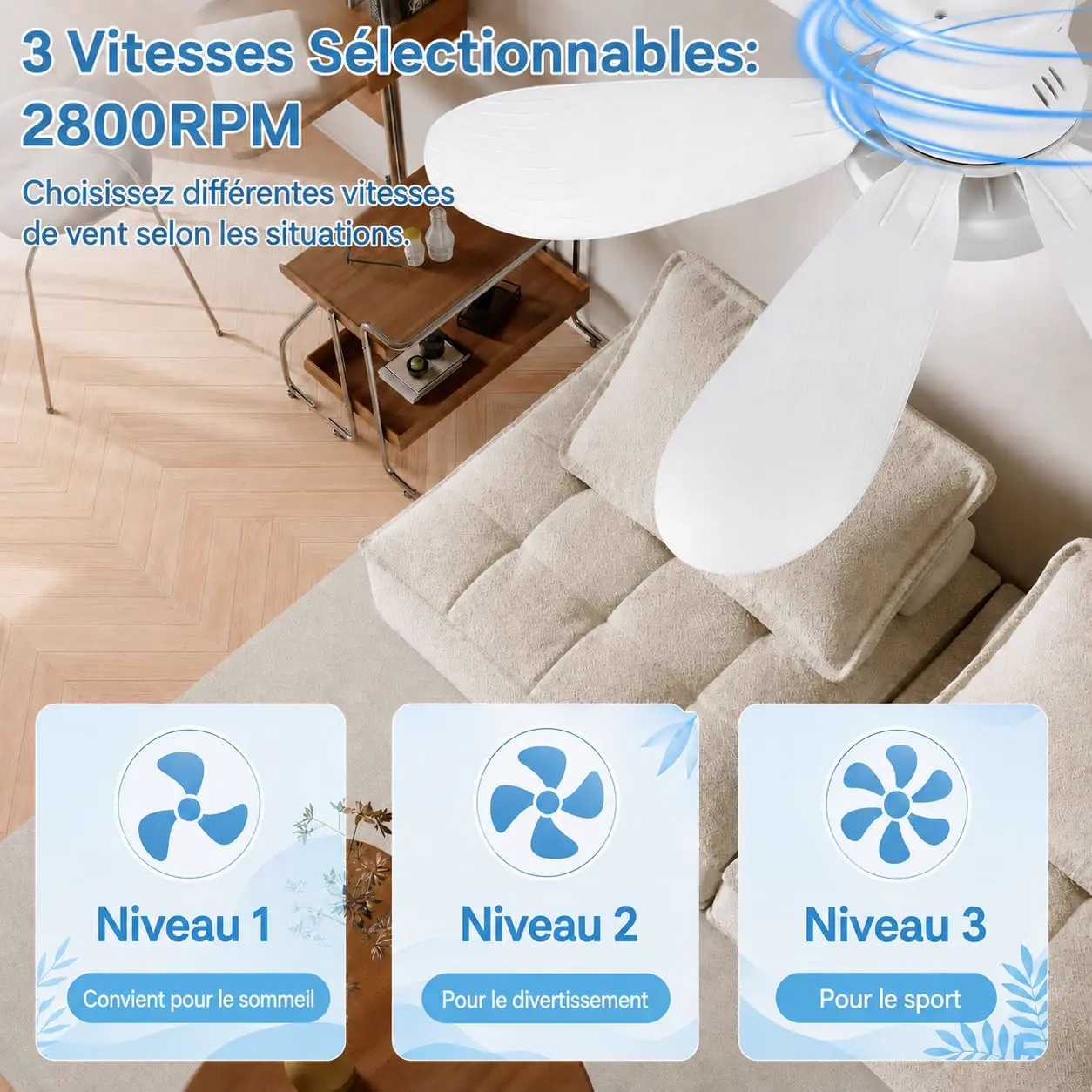 2er Set Ventilators de Plafond E27 mit Licht LED Dimmable vue 3